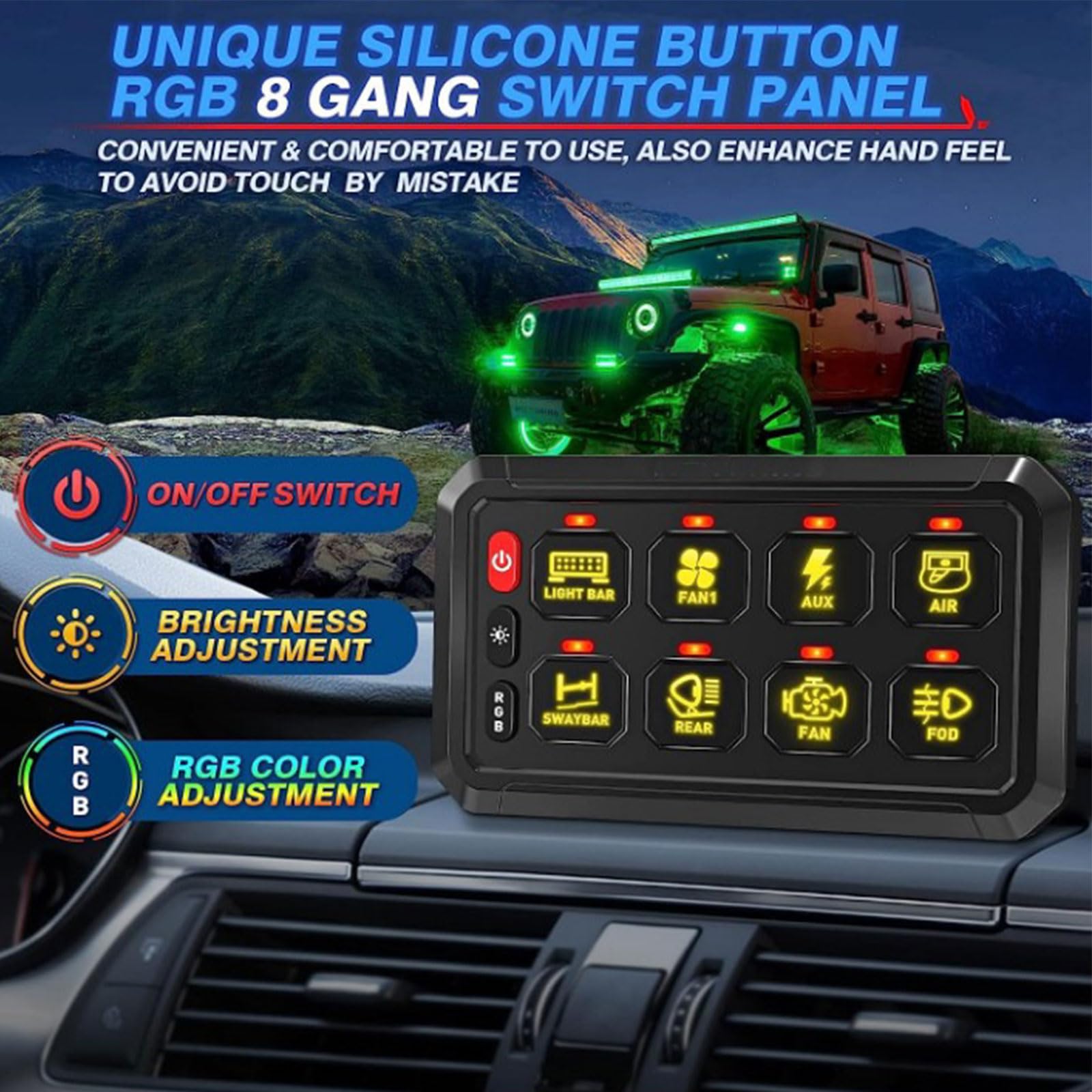 Car dashboard with a silicone button RGB 8 gang switch panel and off-road vehicle in the background.