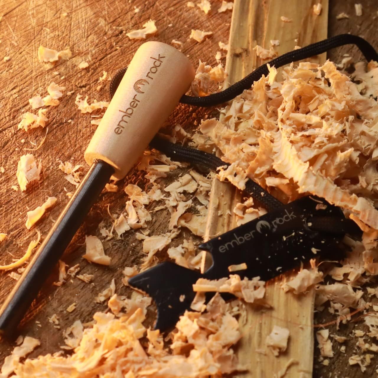 Ember Rock fire starter tool on a wooden surface with wood shavings