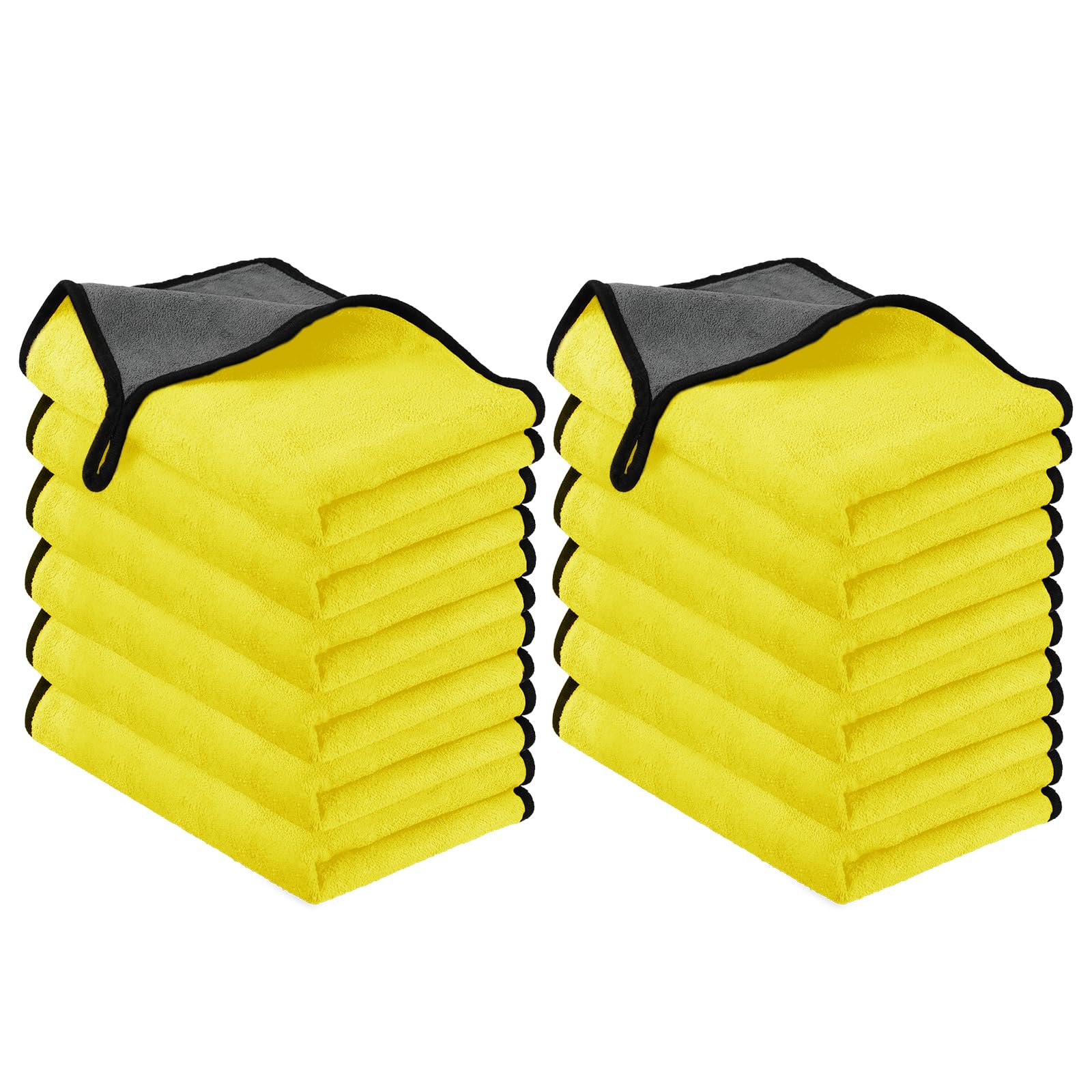 Two stacks of yellow microfiber cloths with black edges on a white background