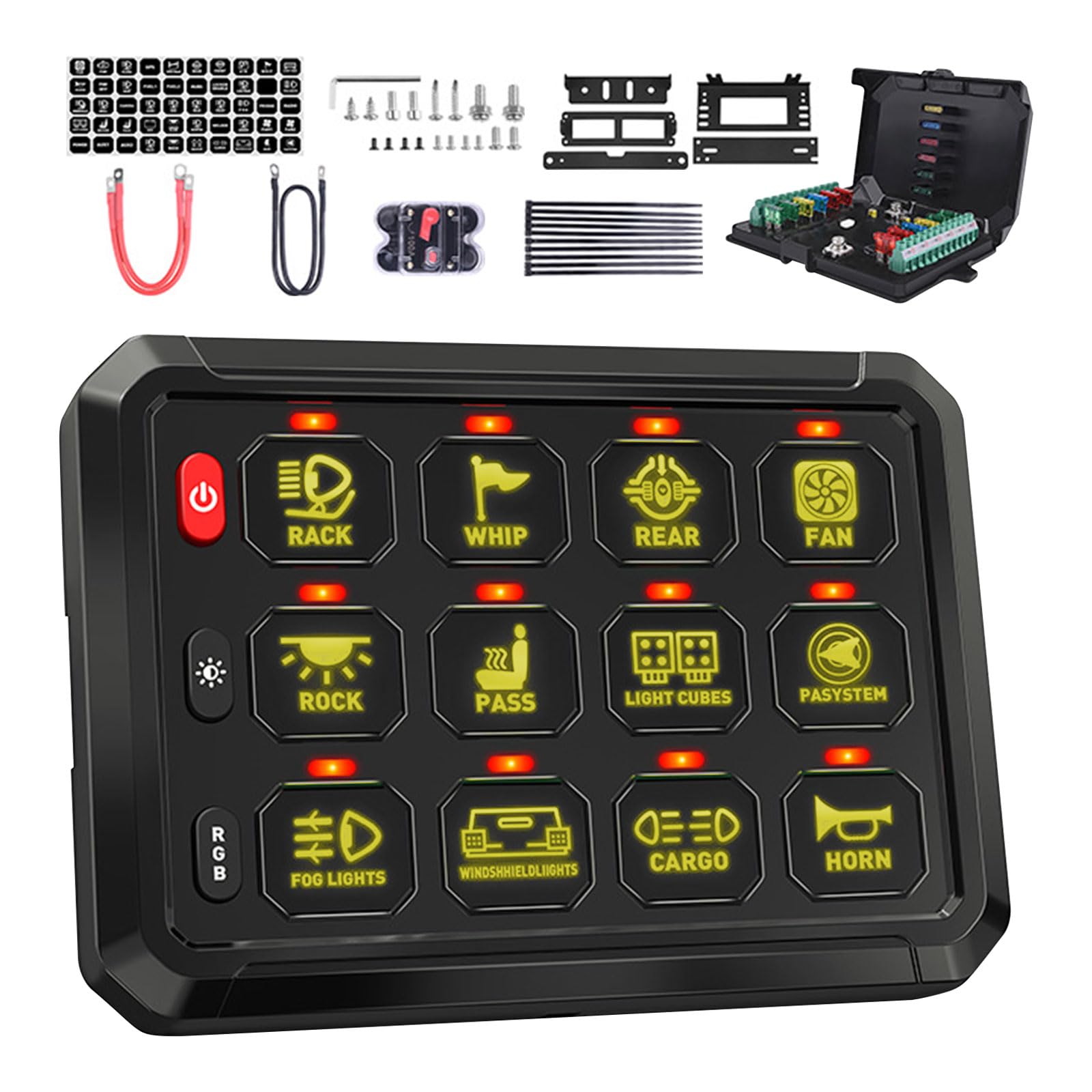 Control panel with illuminated buttons and accessories on a white background