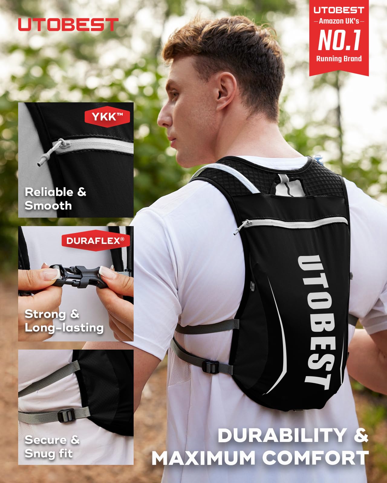 Man wearing a black UTOBEST backpack with product features highlighted on the left.