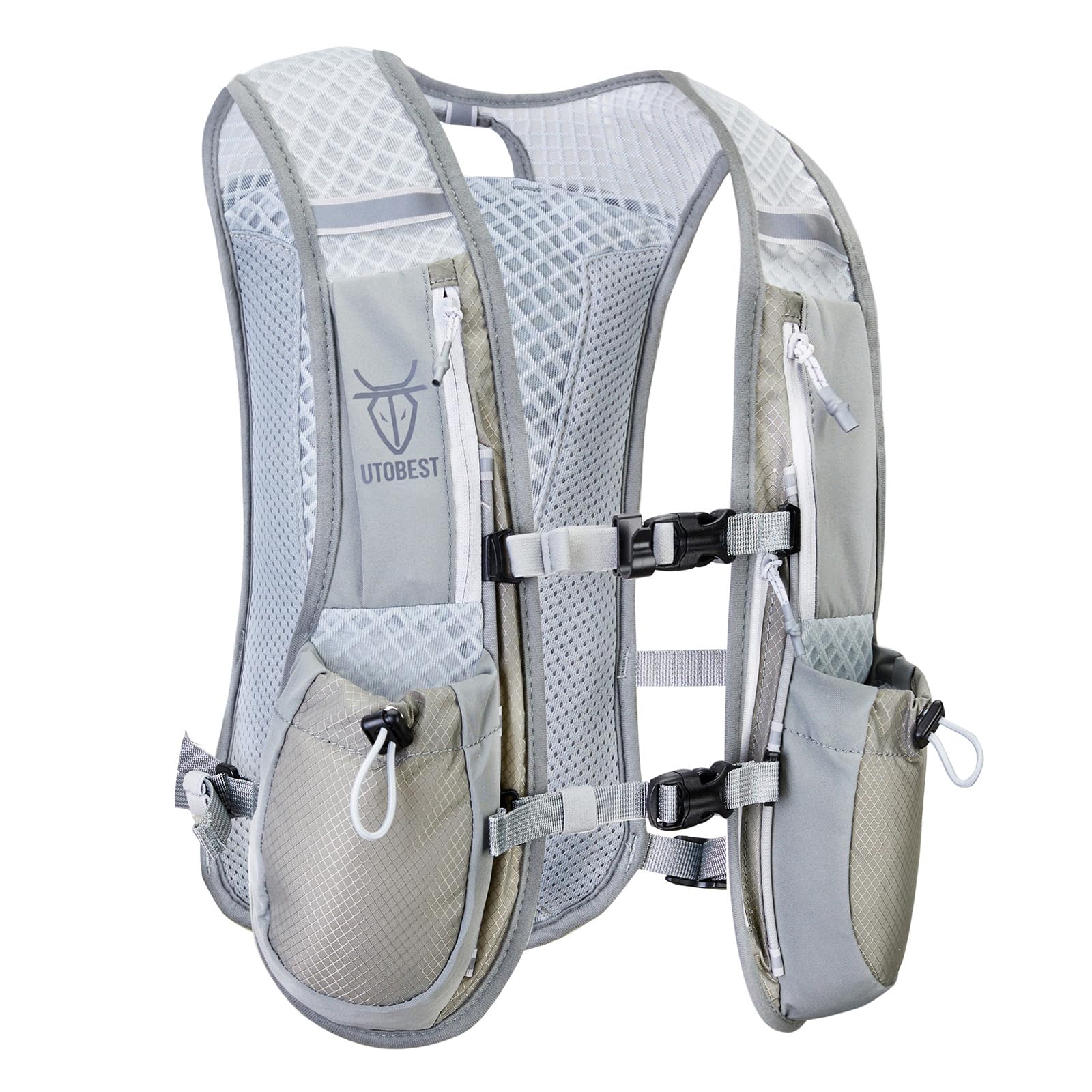 Light gray and beige hydration vest with visible brand logo on a white background