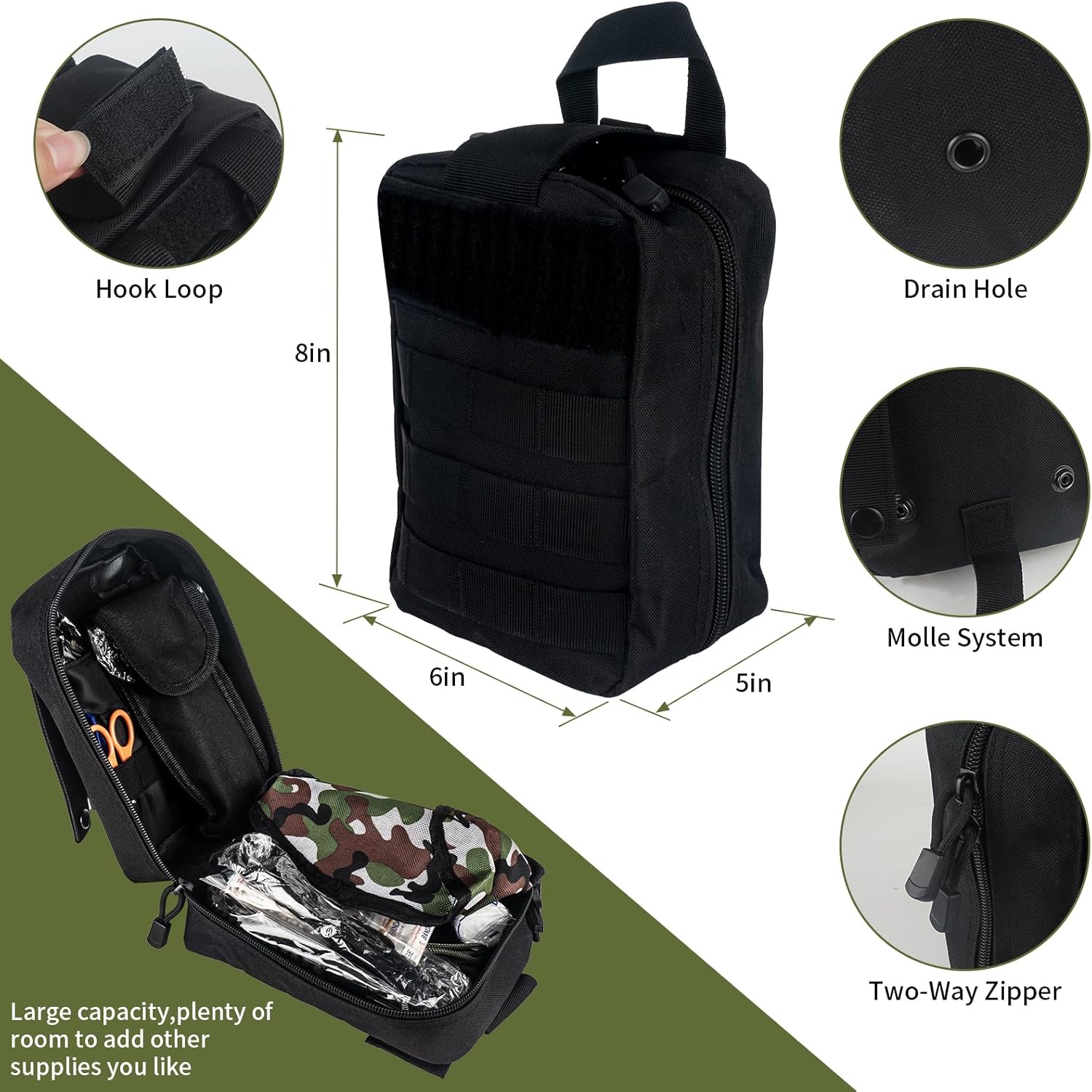 Black tactical bag with features highlighted on a green background