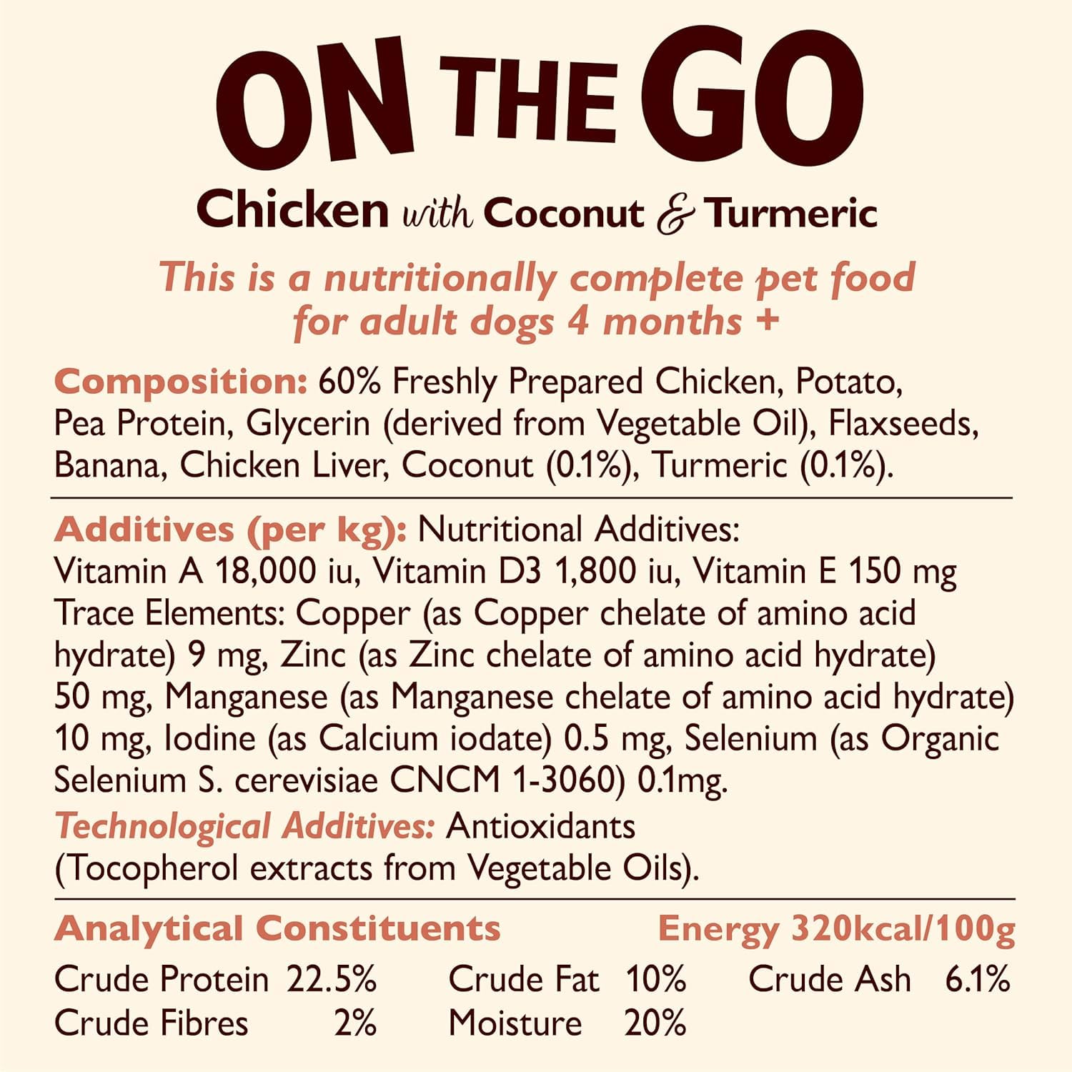 Nutritional label for pet food with chicken, coconut, and turmeric ingredients.