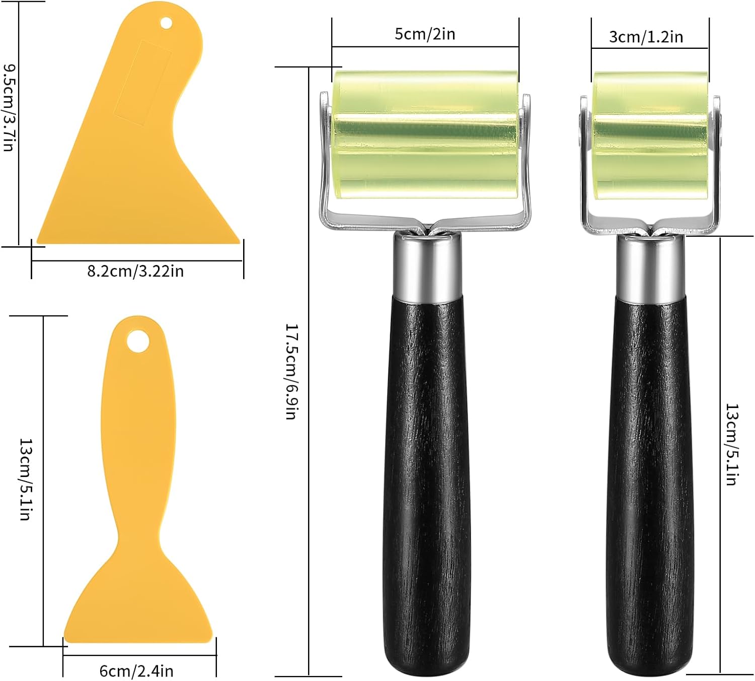 Set of three grooming tools with measurements on a white background