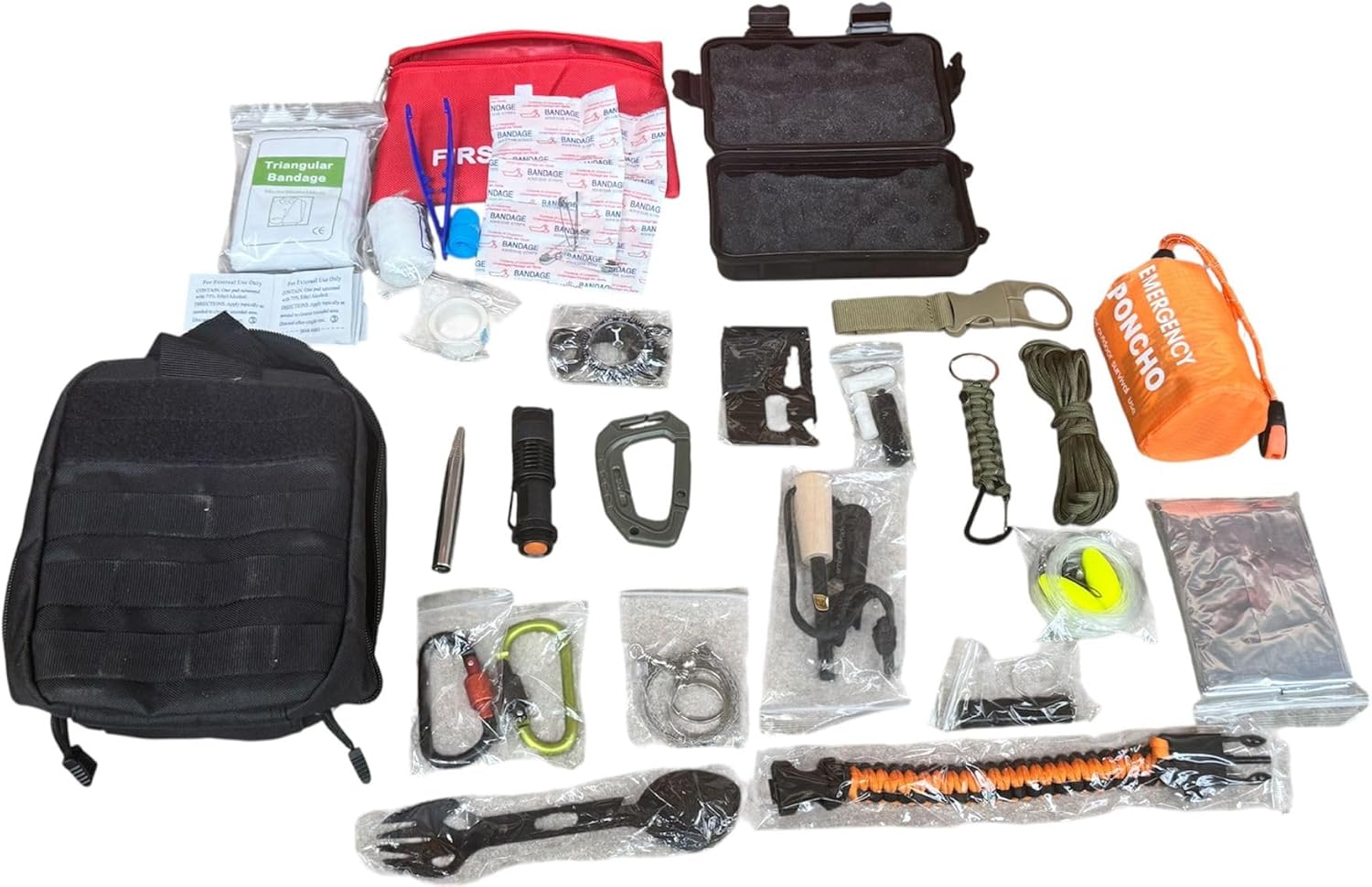 Collection of survival gear items including a black backpack, first aid kit, and various tools on a white background.