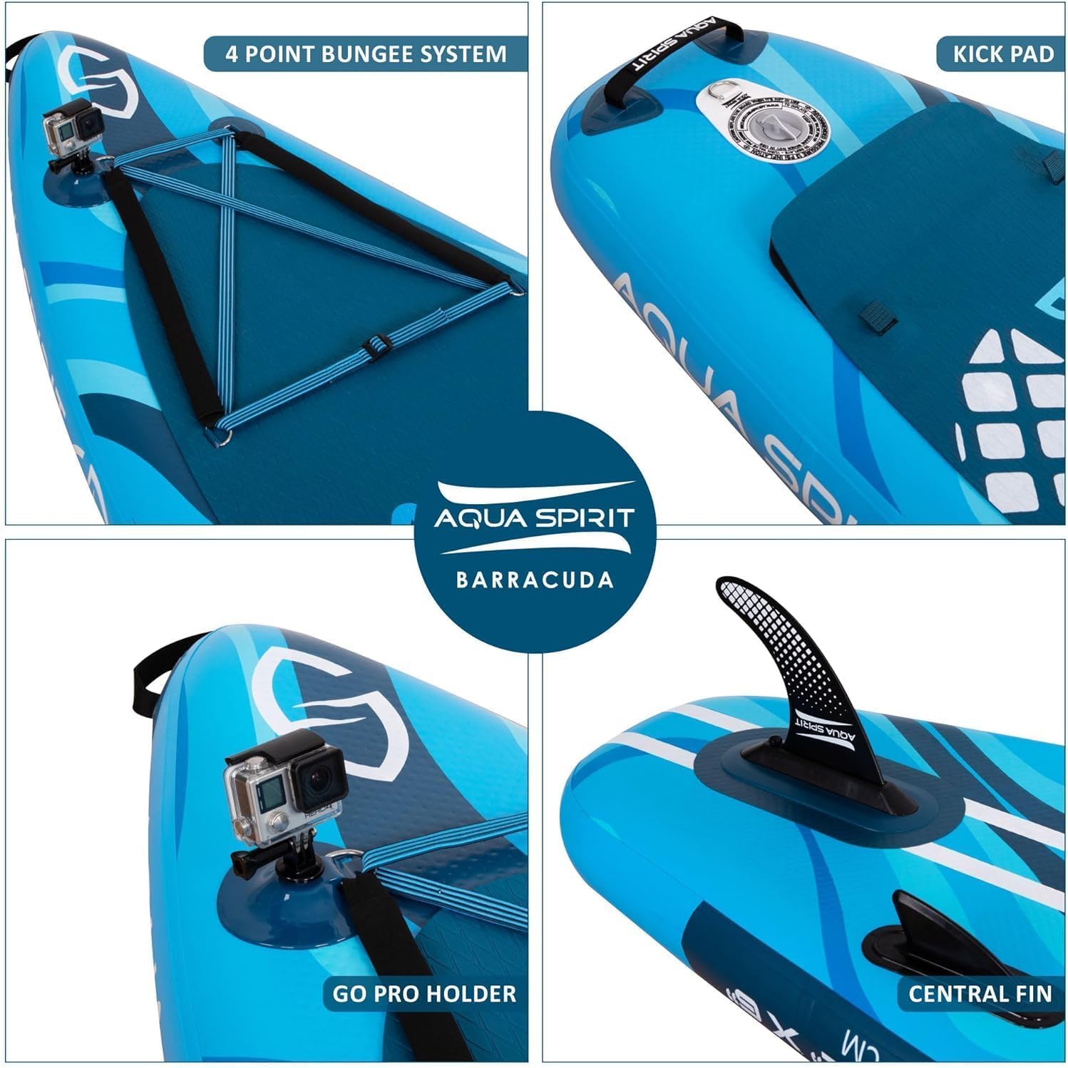 Blue Aqua Spirit Barracuda kayak with features highlighted on a white background