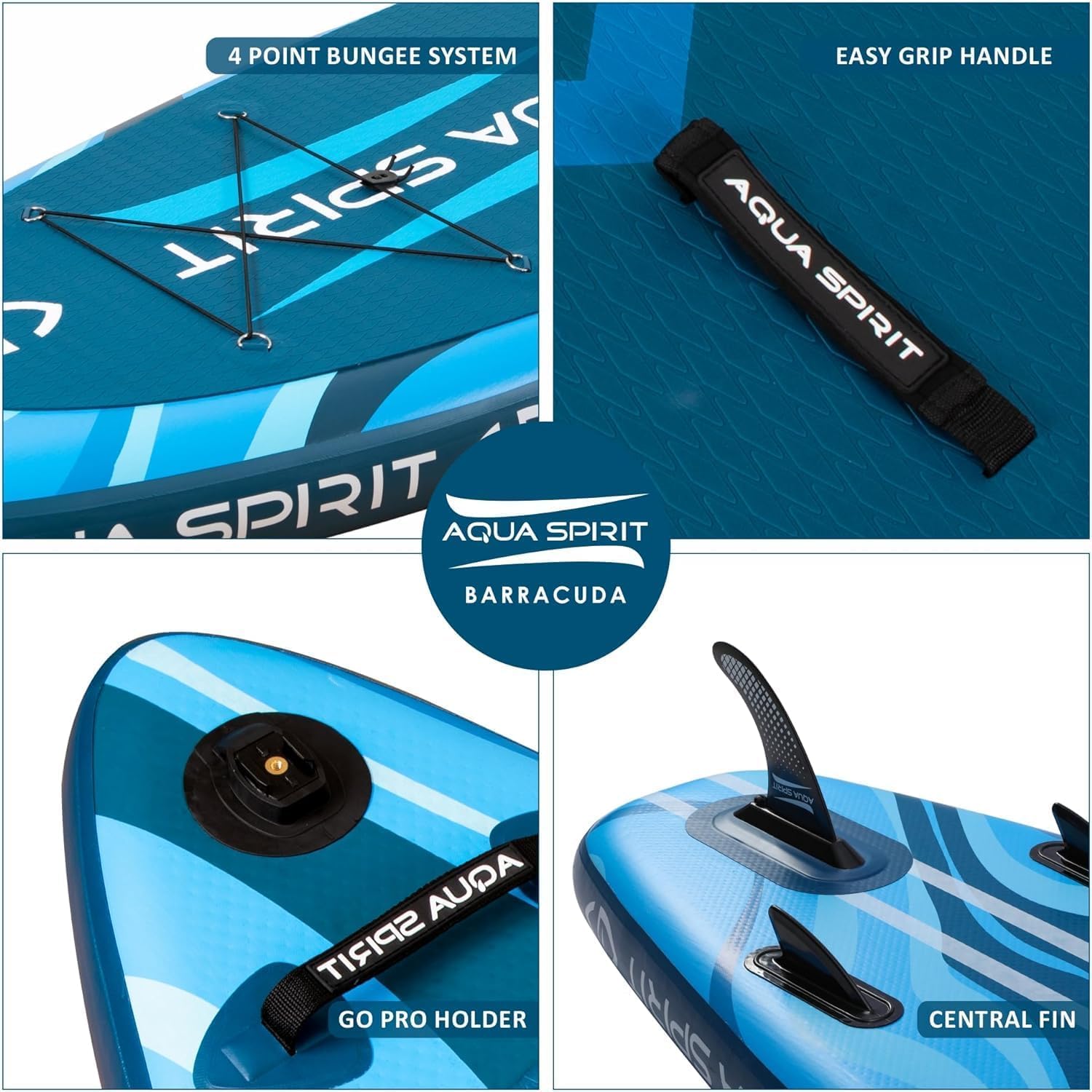 Collage of Aqua Spirit Barracuda inflatable paddle board features including bungee system, grip handle, Go Pro holder, and central fin.