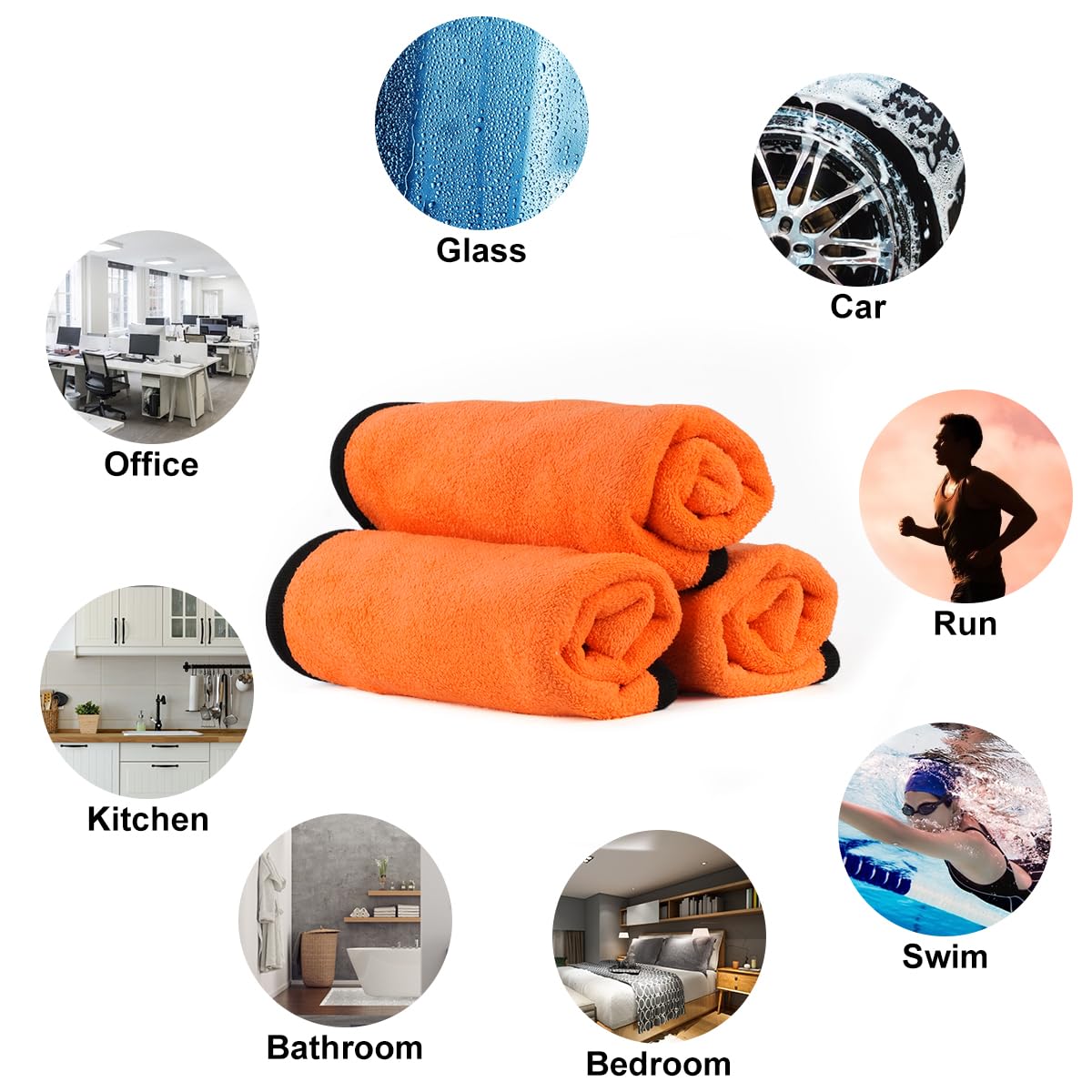 Orange microfiber cloths with various usage scenarios depicted around them.