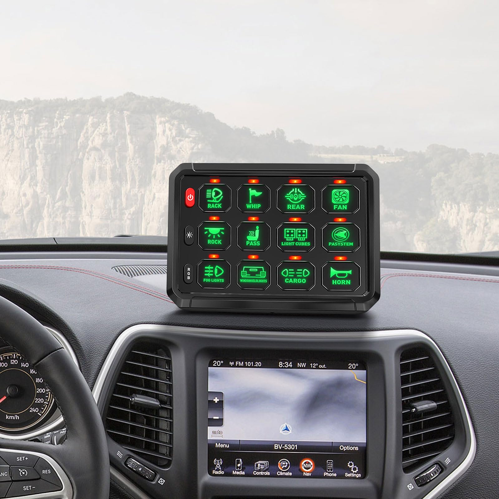 Car dashboard with a digital display and control panel showing various icons.