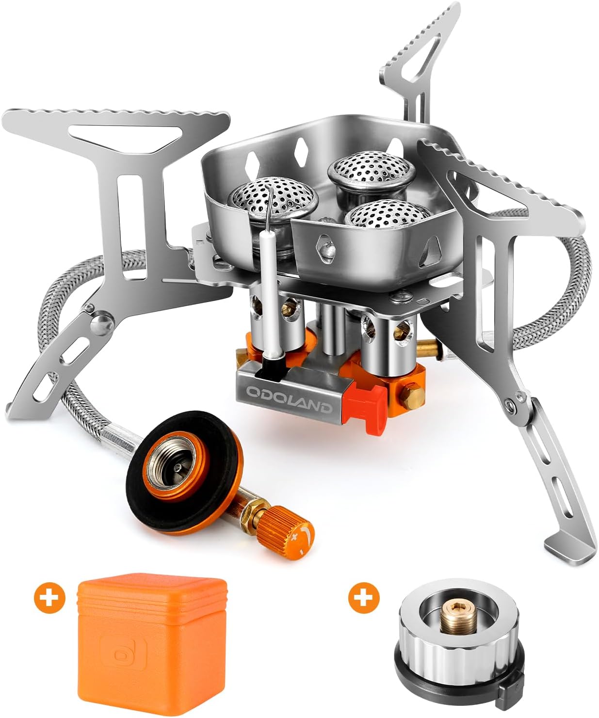 Portable camping stove with accessories on a white background
