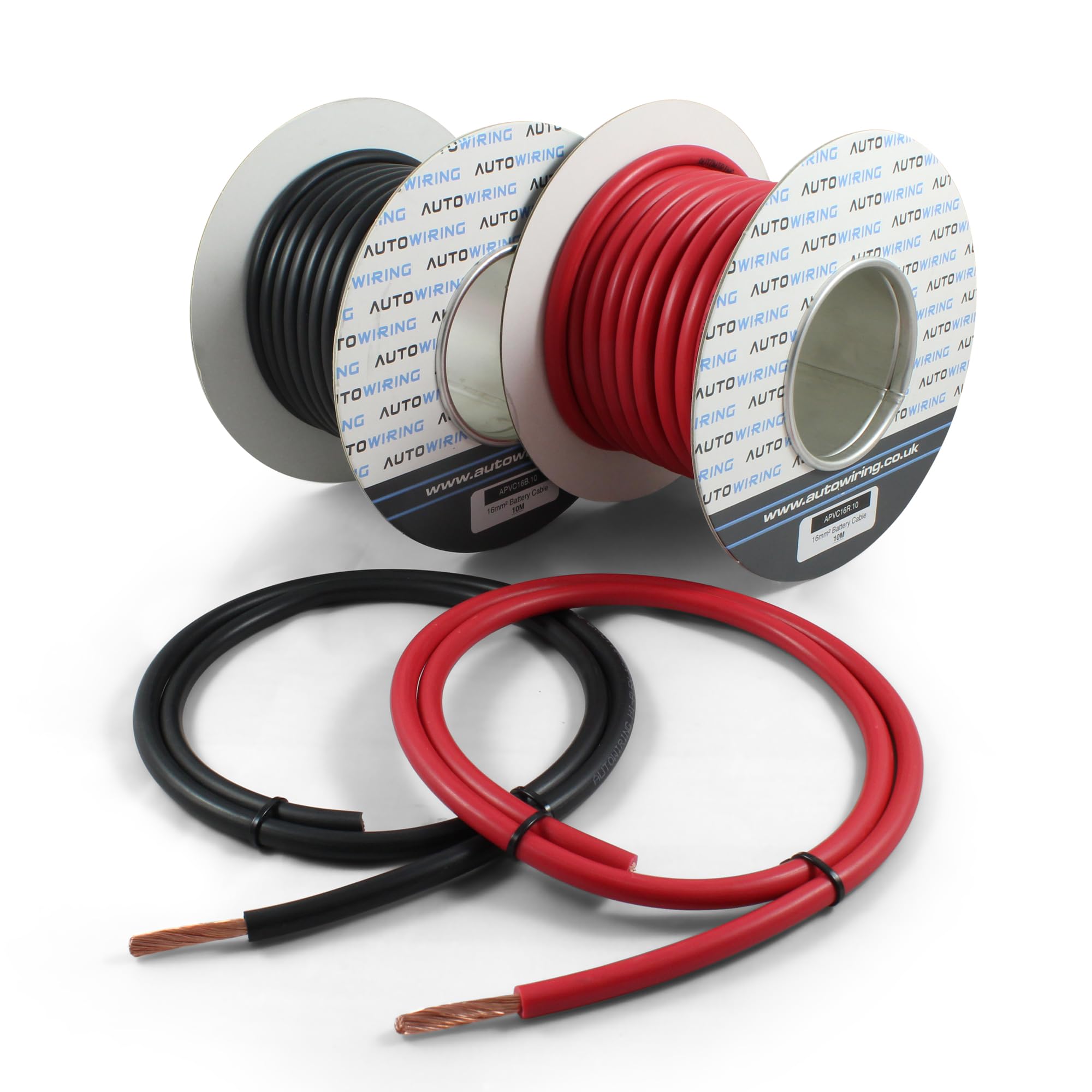 Two spools of red and black wire with 'AUTO' branding on a white background