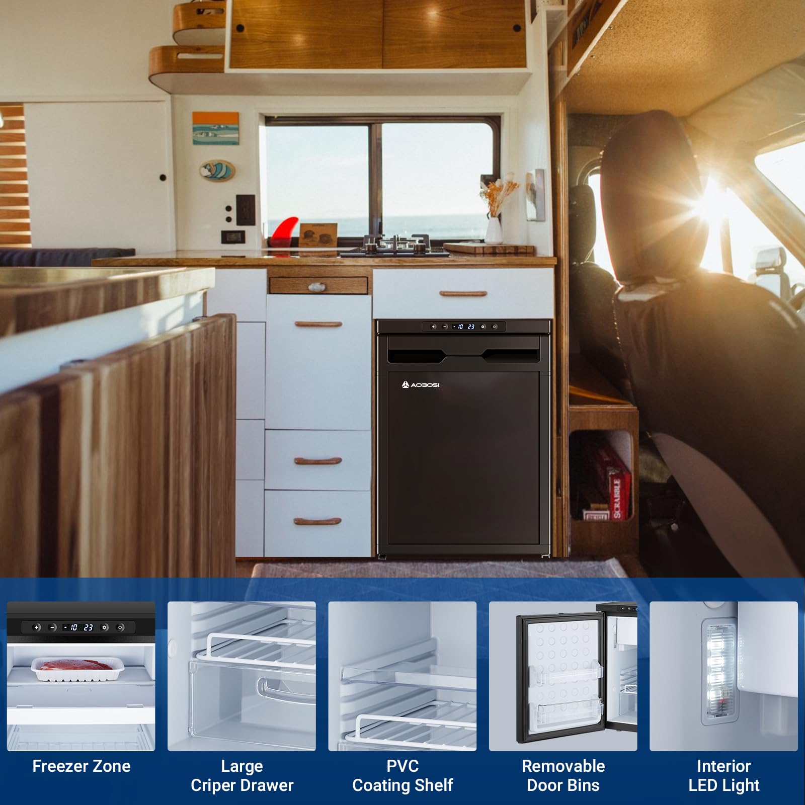 Compact kitchen interior with refrigerator and various storage compartments, sunlit through a window.