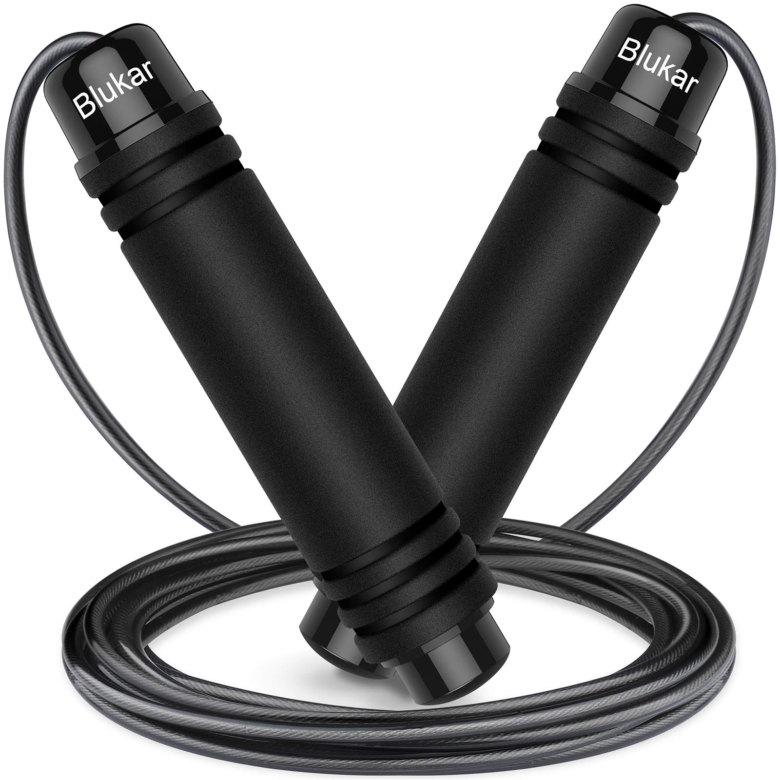 Black skipping rope with 'Blukar' branding on a white background