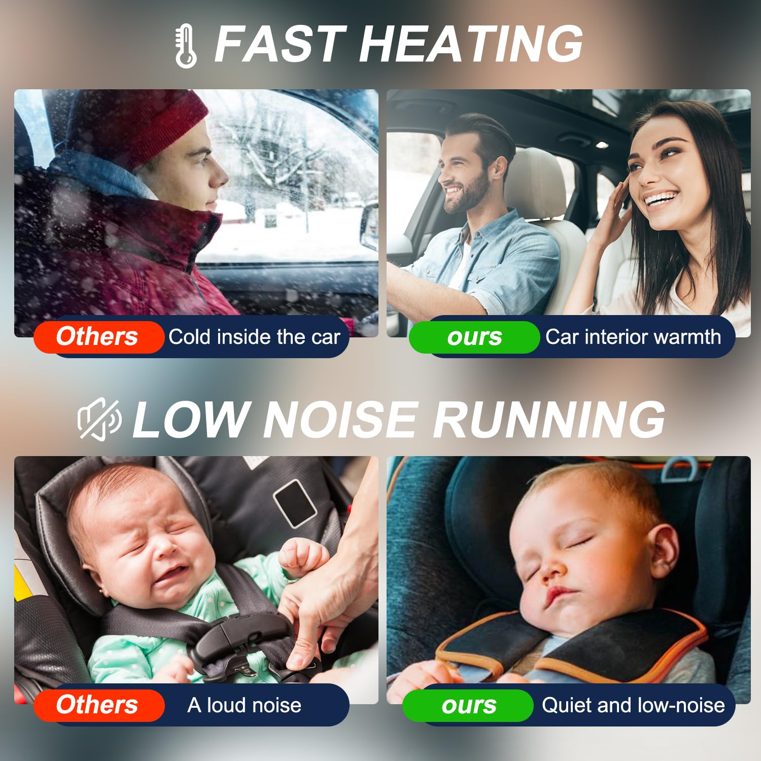 Comparison of car interior heating and noise levels with a baby in a car seat.