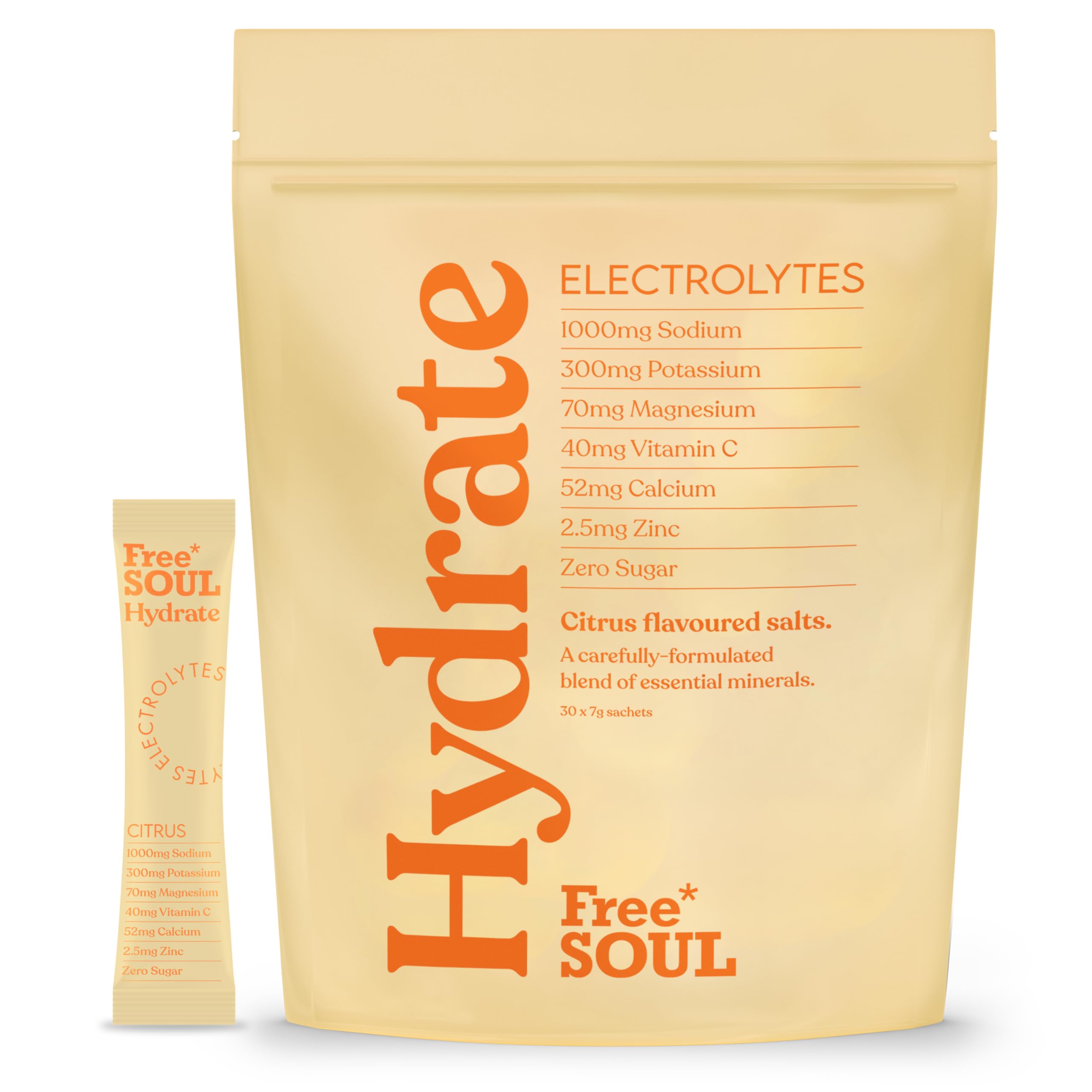 Beige packaging of Free SOUL Hydrate electrolytes with orange text on a white background