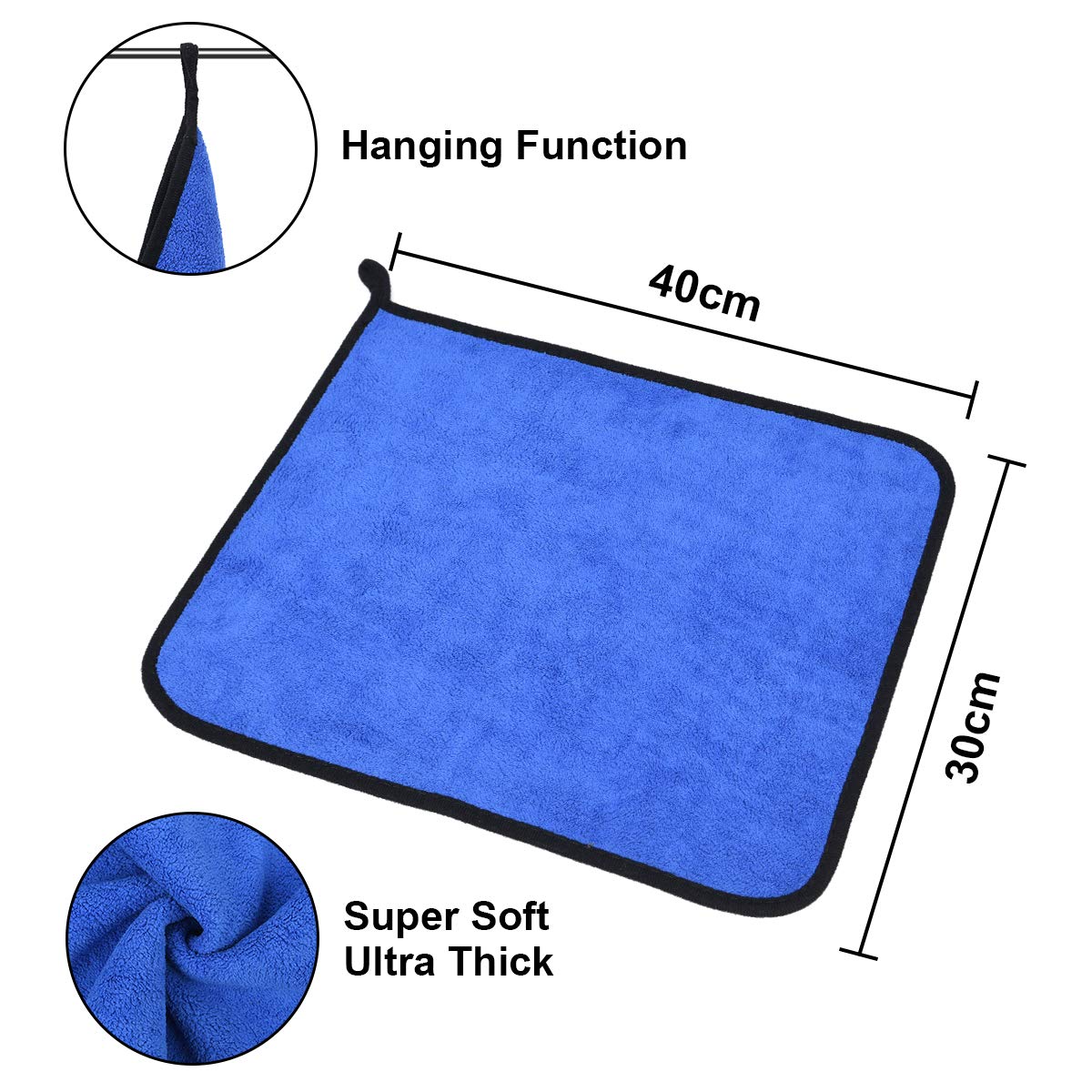 Blue towel with dimensions and hanging function illustration on a white background