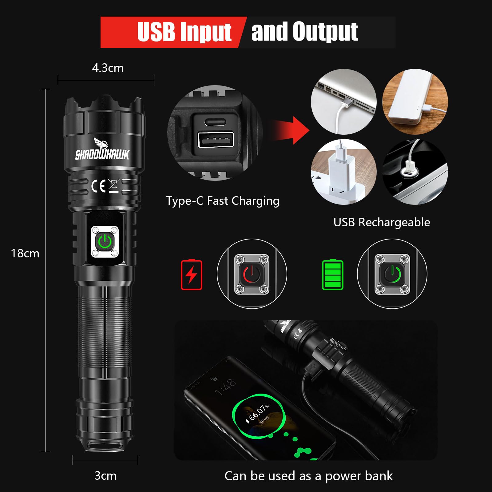 Black flashlight with USB input and output features on a black background