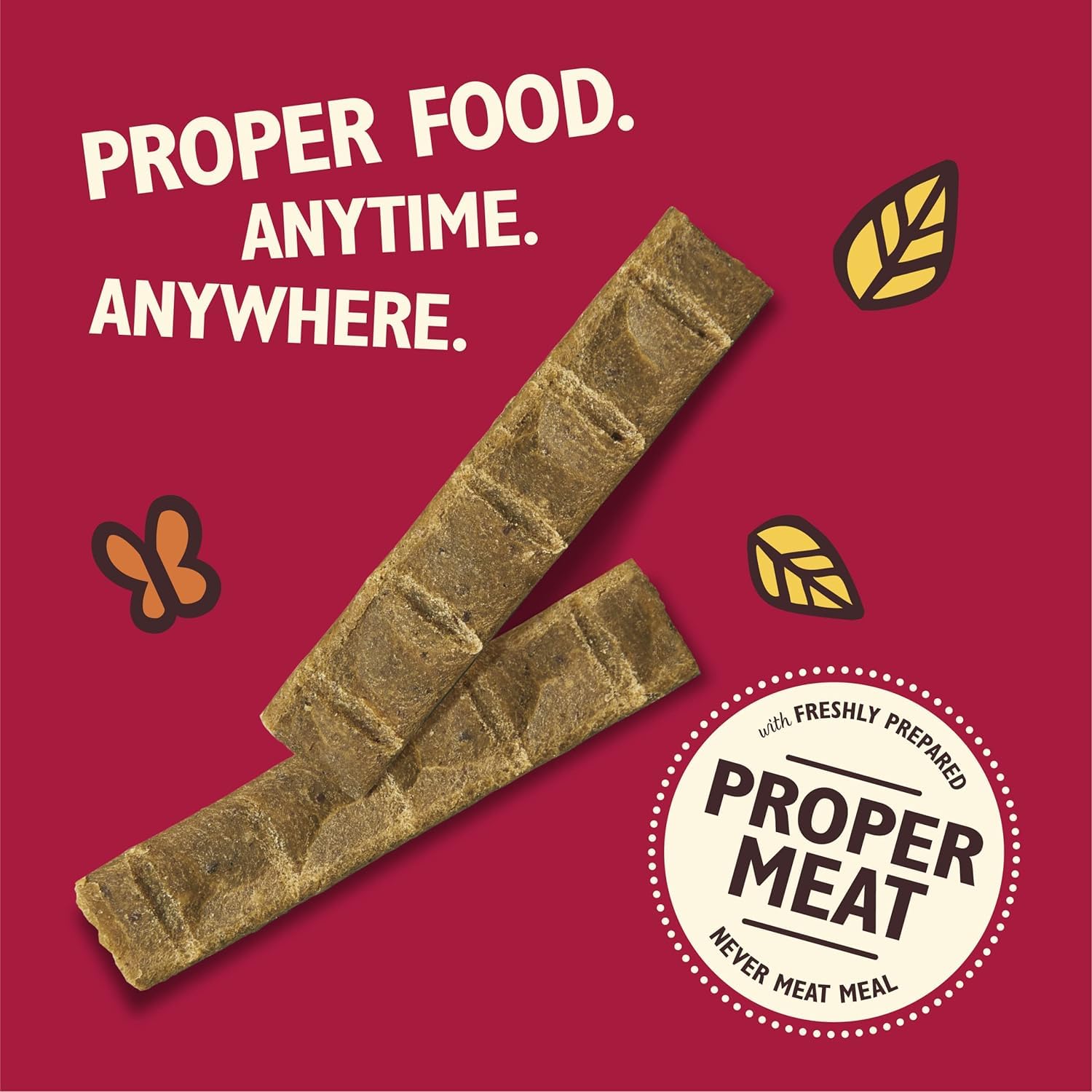 Two brown dog treats on a red background with text and branding elements.