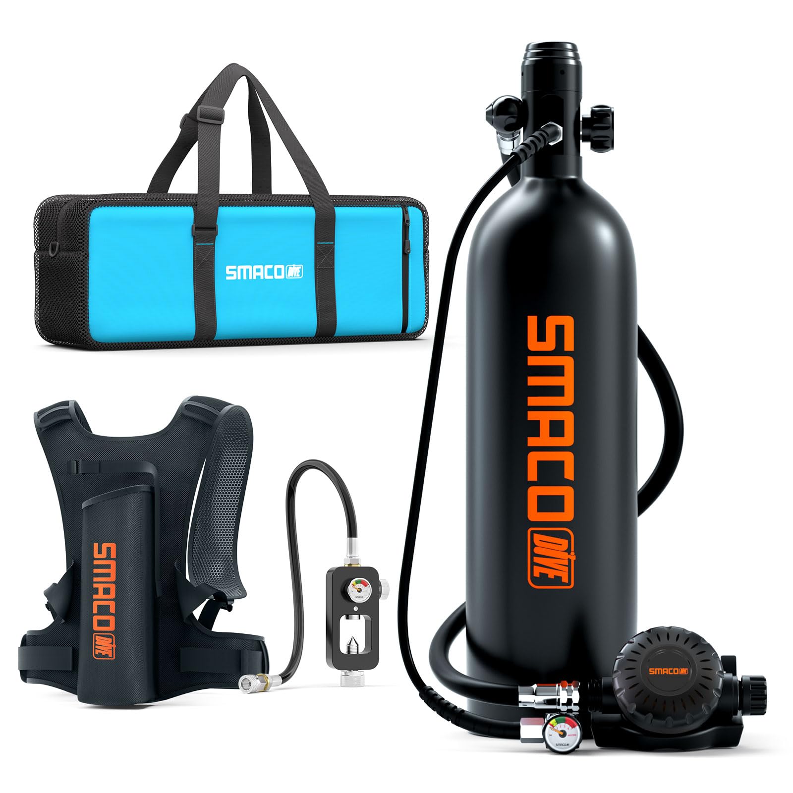 Scuba diving equipment set with black tank, vest, and bag on a white background