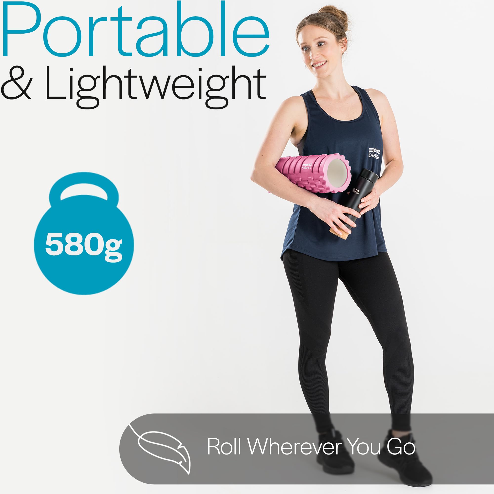 Woman holding a pink foam roller and black bottle with text about weight and portability on a white background