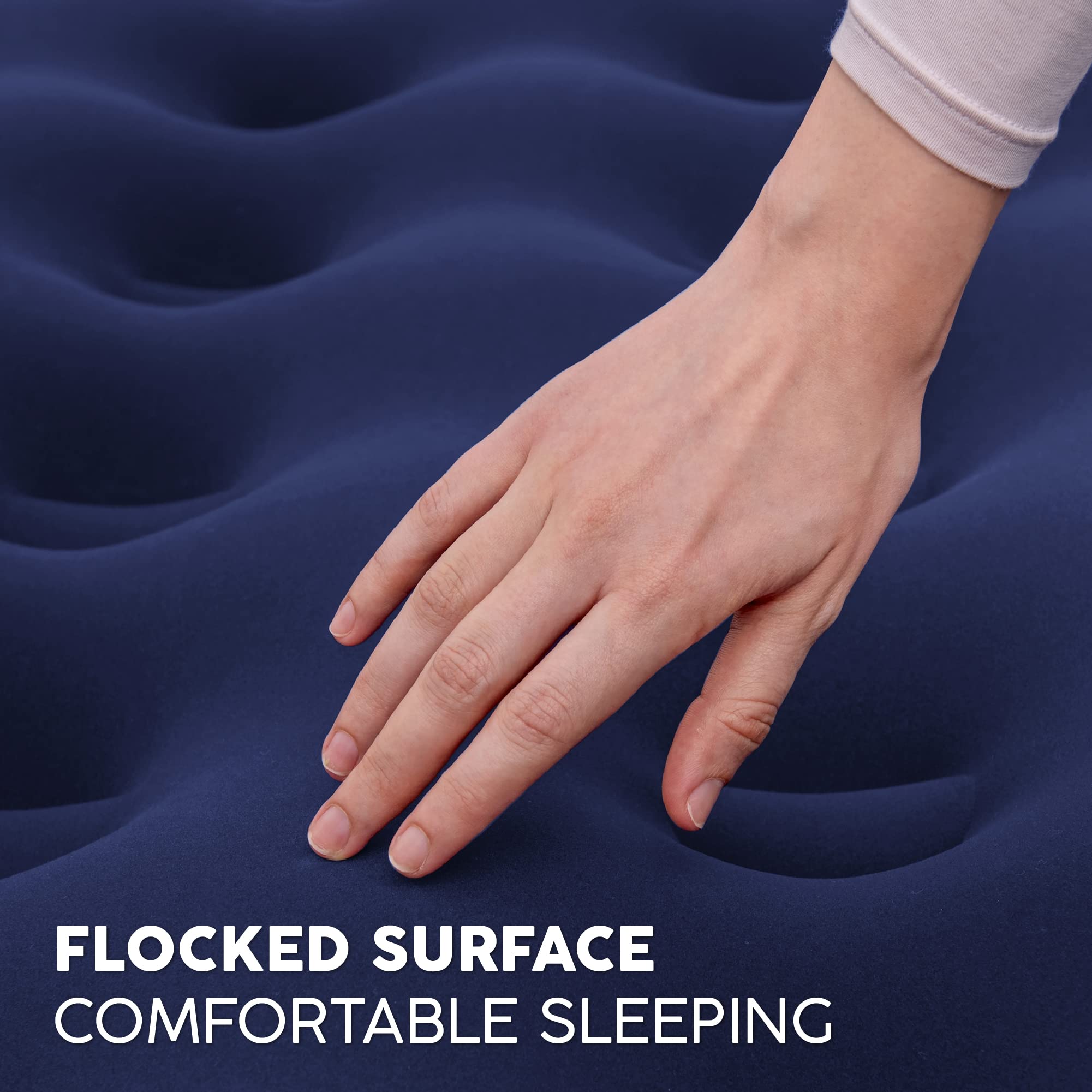 Hand touching a flocked blue surface with text 'Flocked Surface Comfortable Sleeping'.