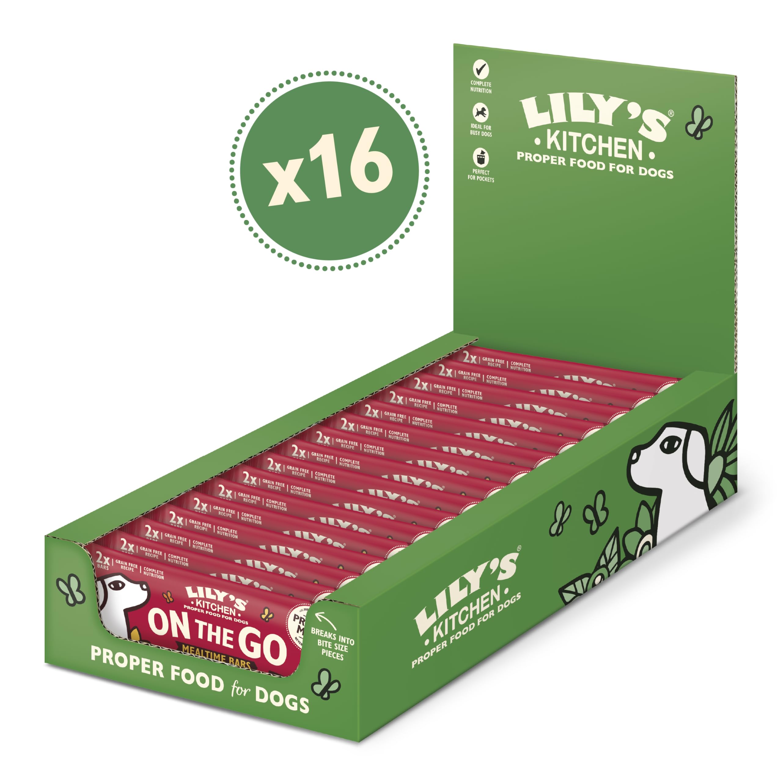 Box of Lily's Kitchen On The Go dog food sticks with 16 packages inside on a white background