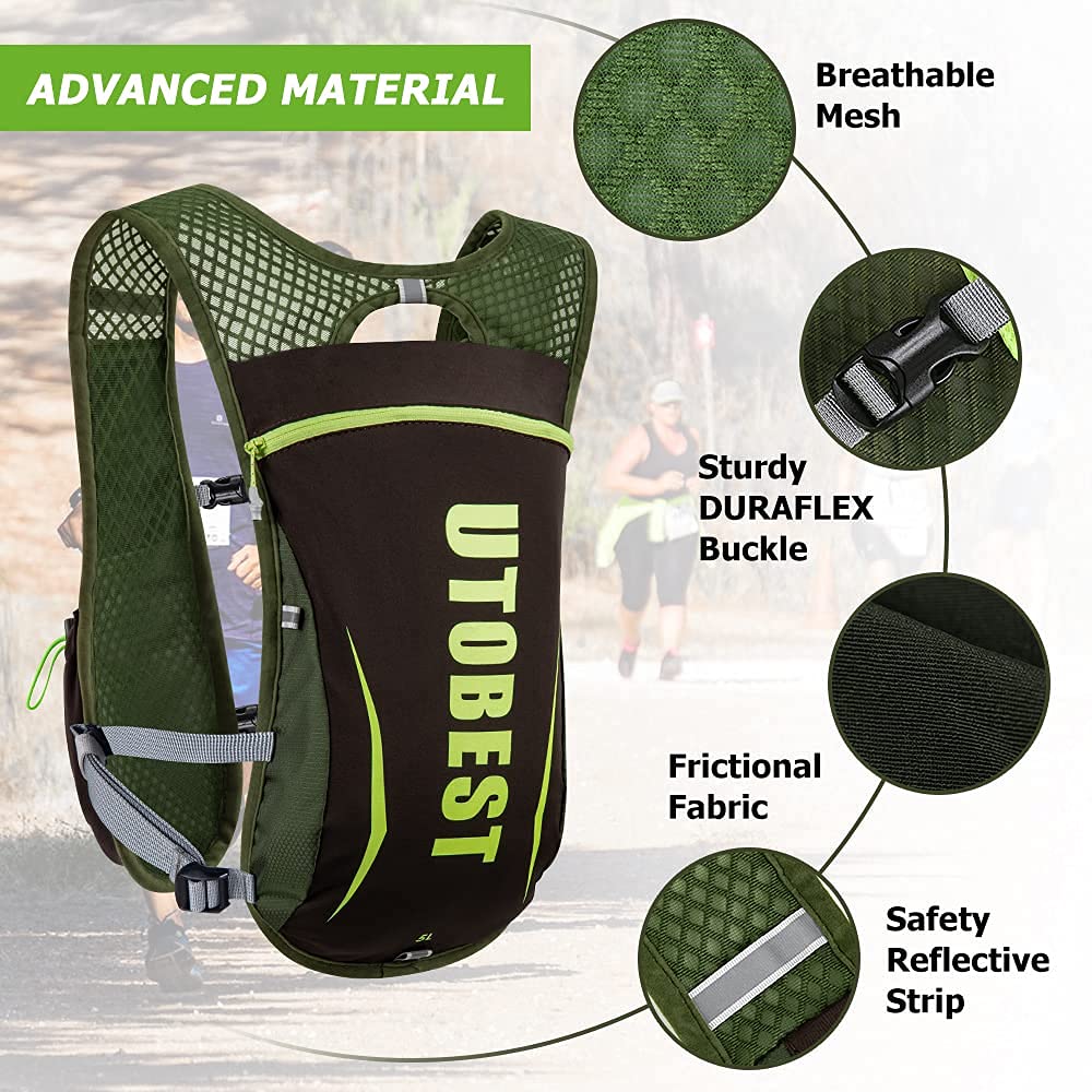 Green and black hydration vest with features highlighted on a blurred background of people running.