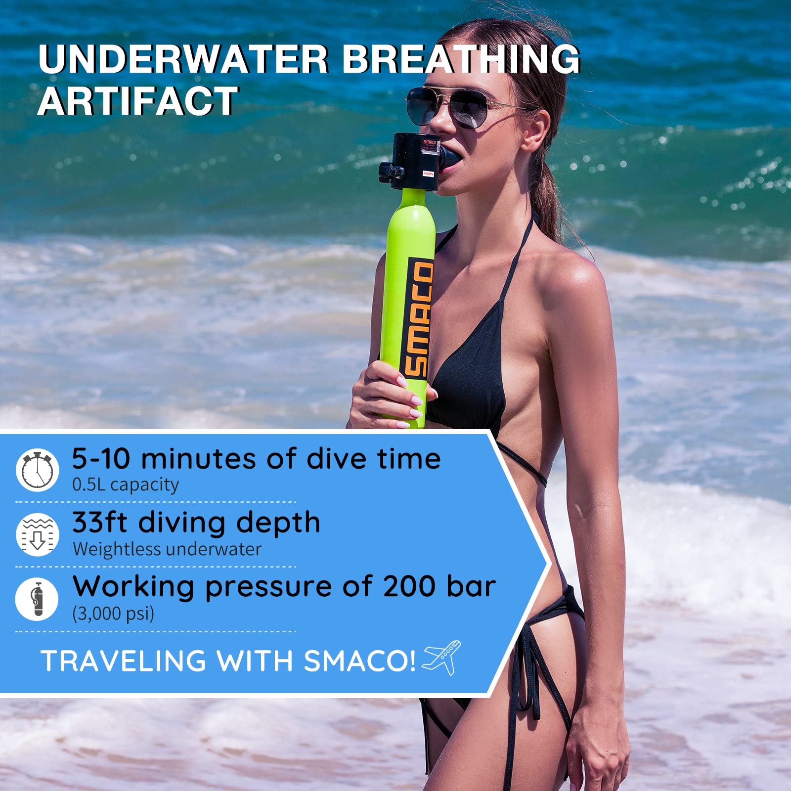 Woman holding a SMACO underwater breathing artifact on a beach with ocean waves in the background.