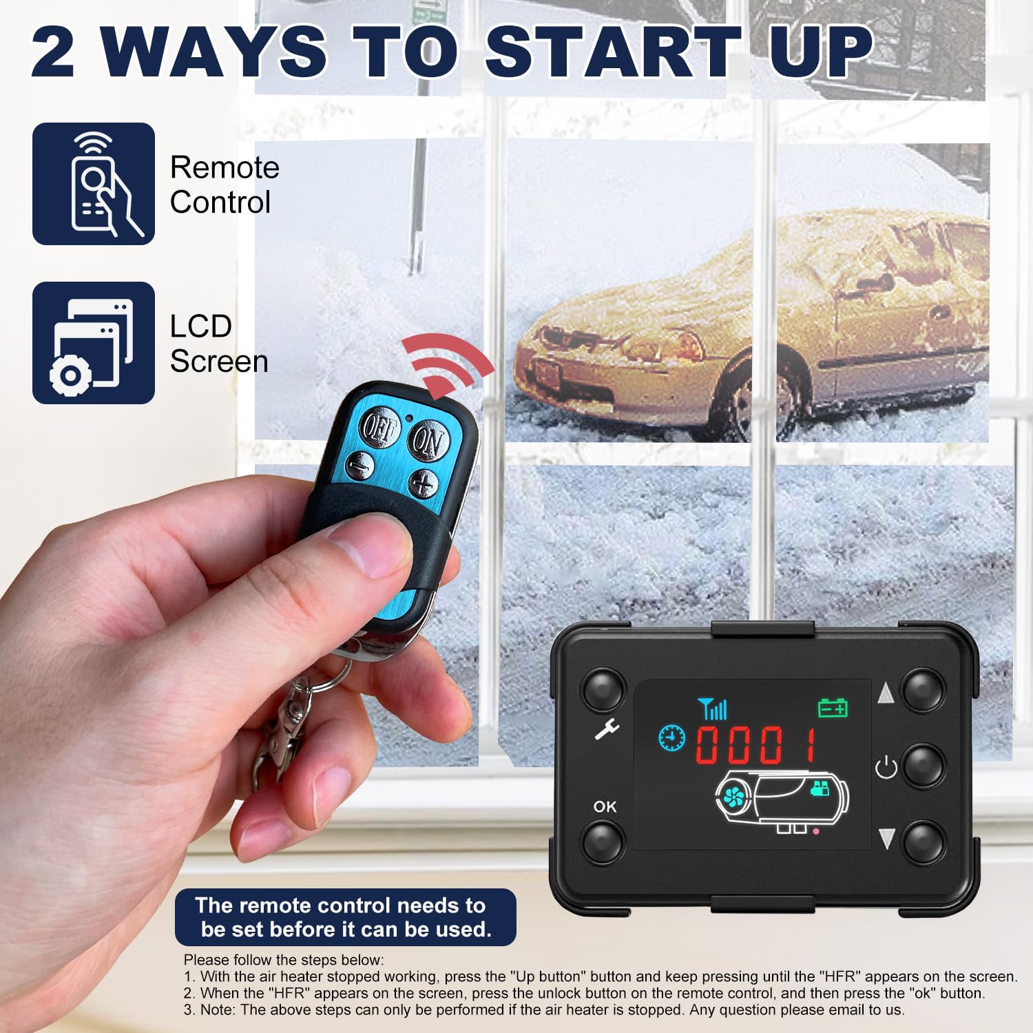 Hand holding a remote control with an LCD screen, set against a snowy window background.
