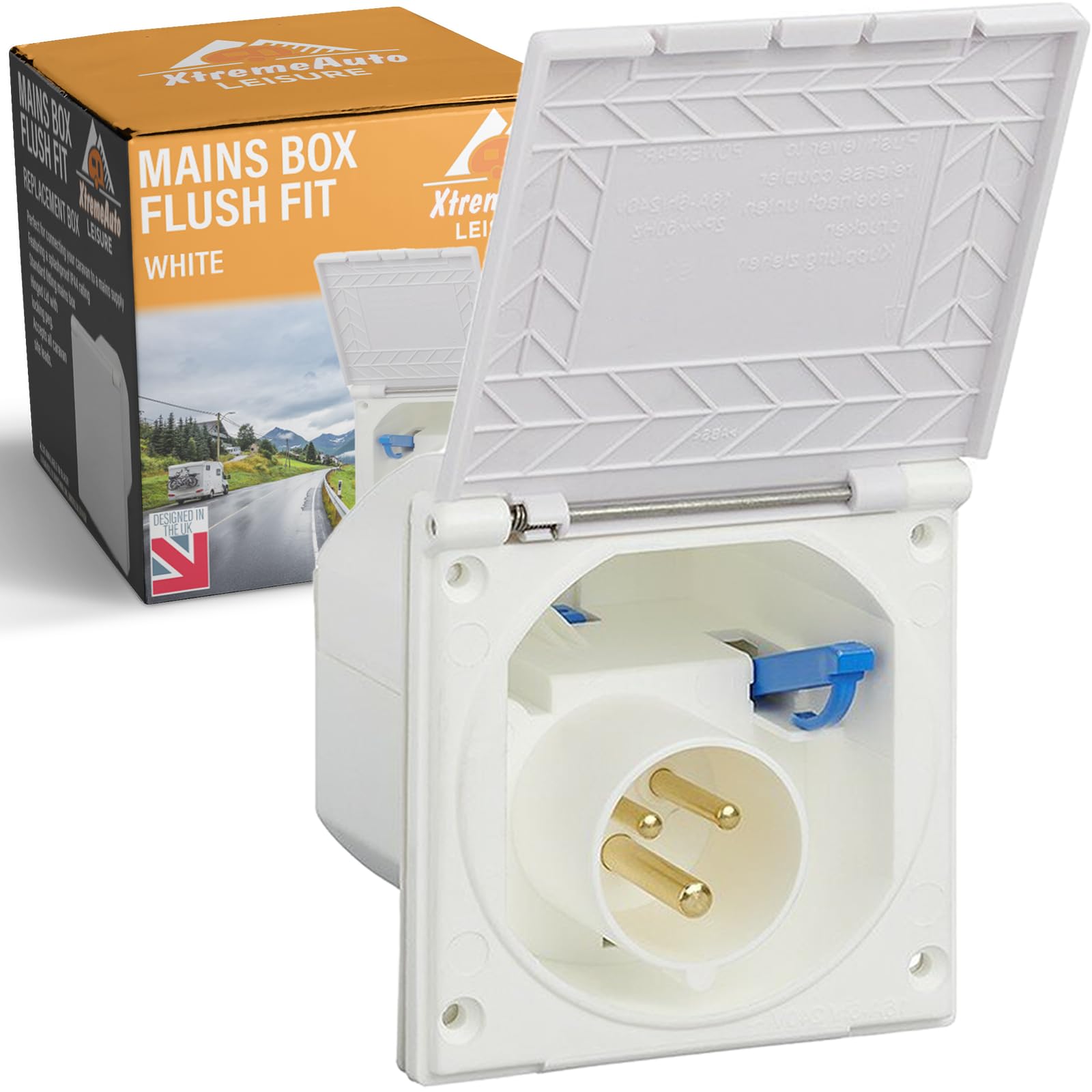 White electrical socket with open cover and packaging in the background