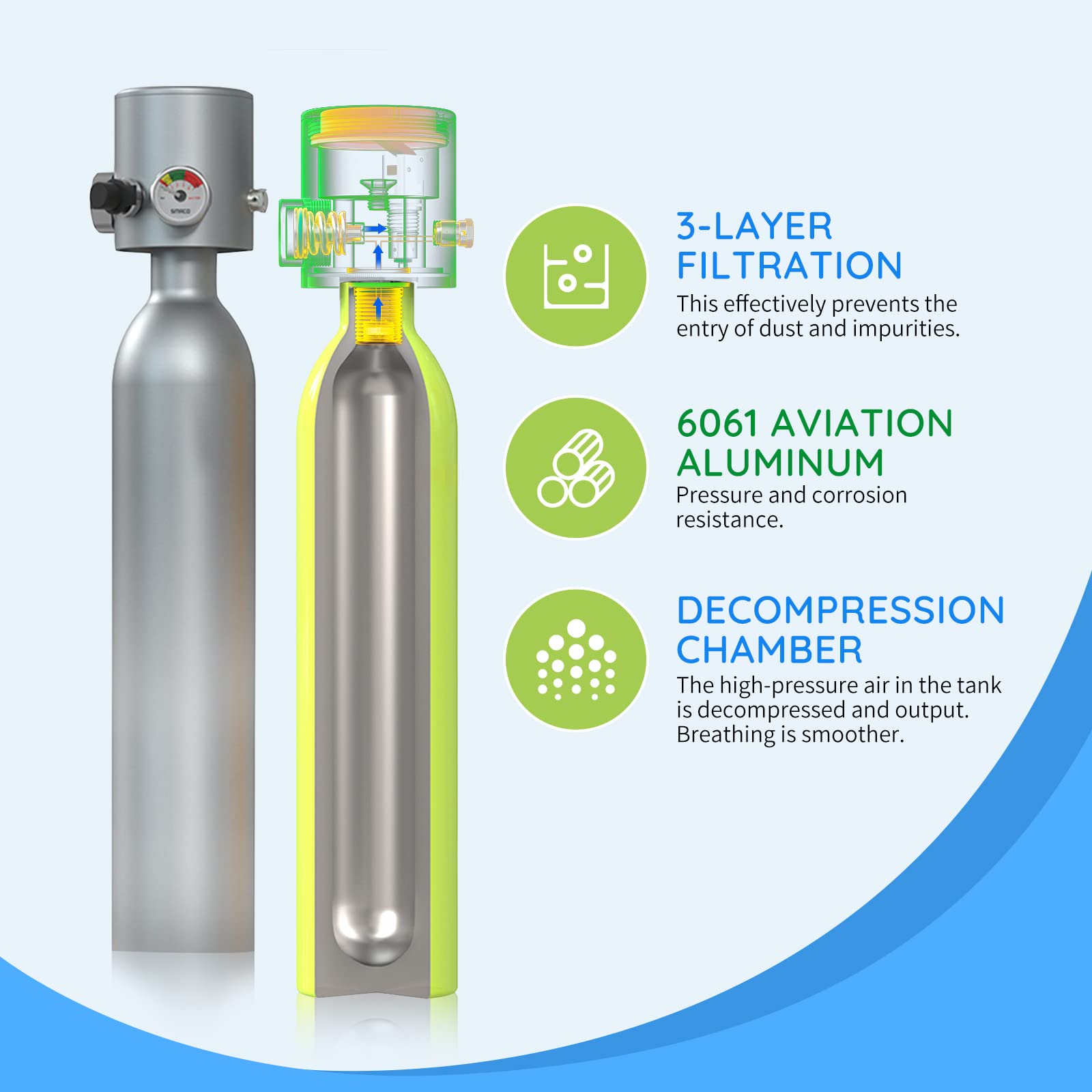 Oxygen tank with features highlighted on a white background