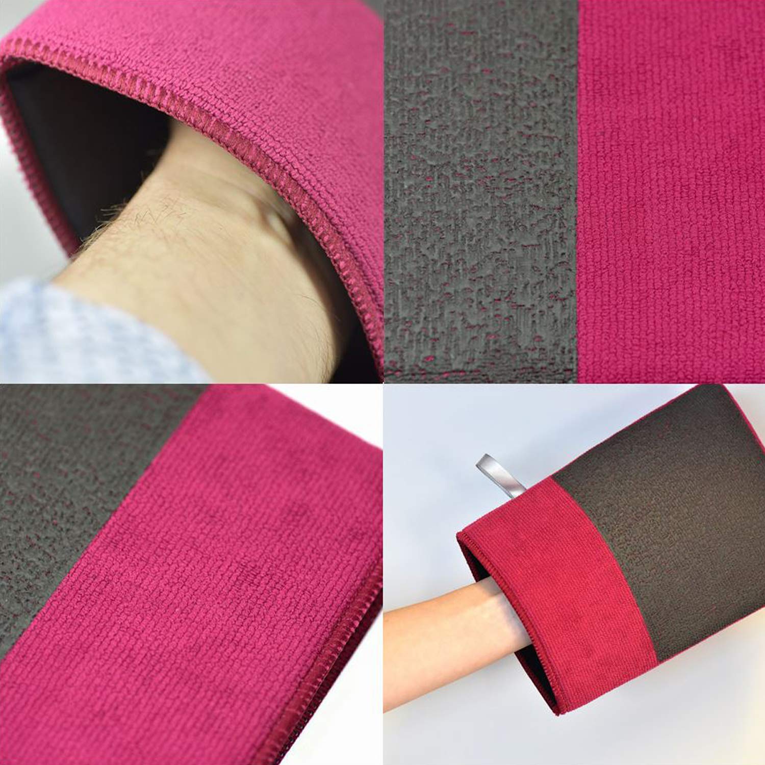 Collage of a pink and gray compression bandage on skin and wrapped around a limb.