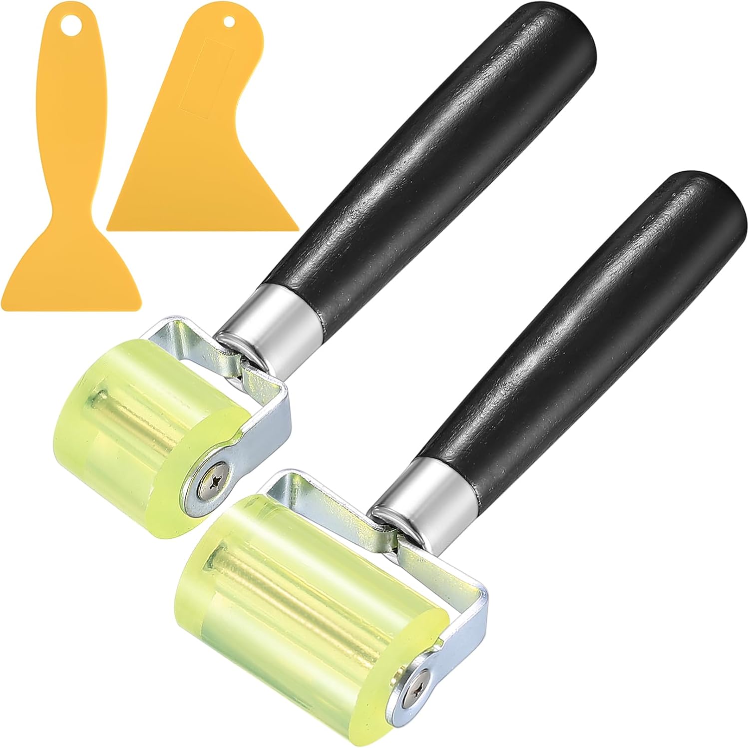Two paint rollers with black handles and yellow wheels, accompanied by two small yellow tools on a white background.