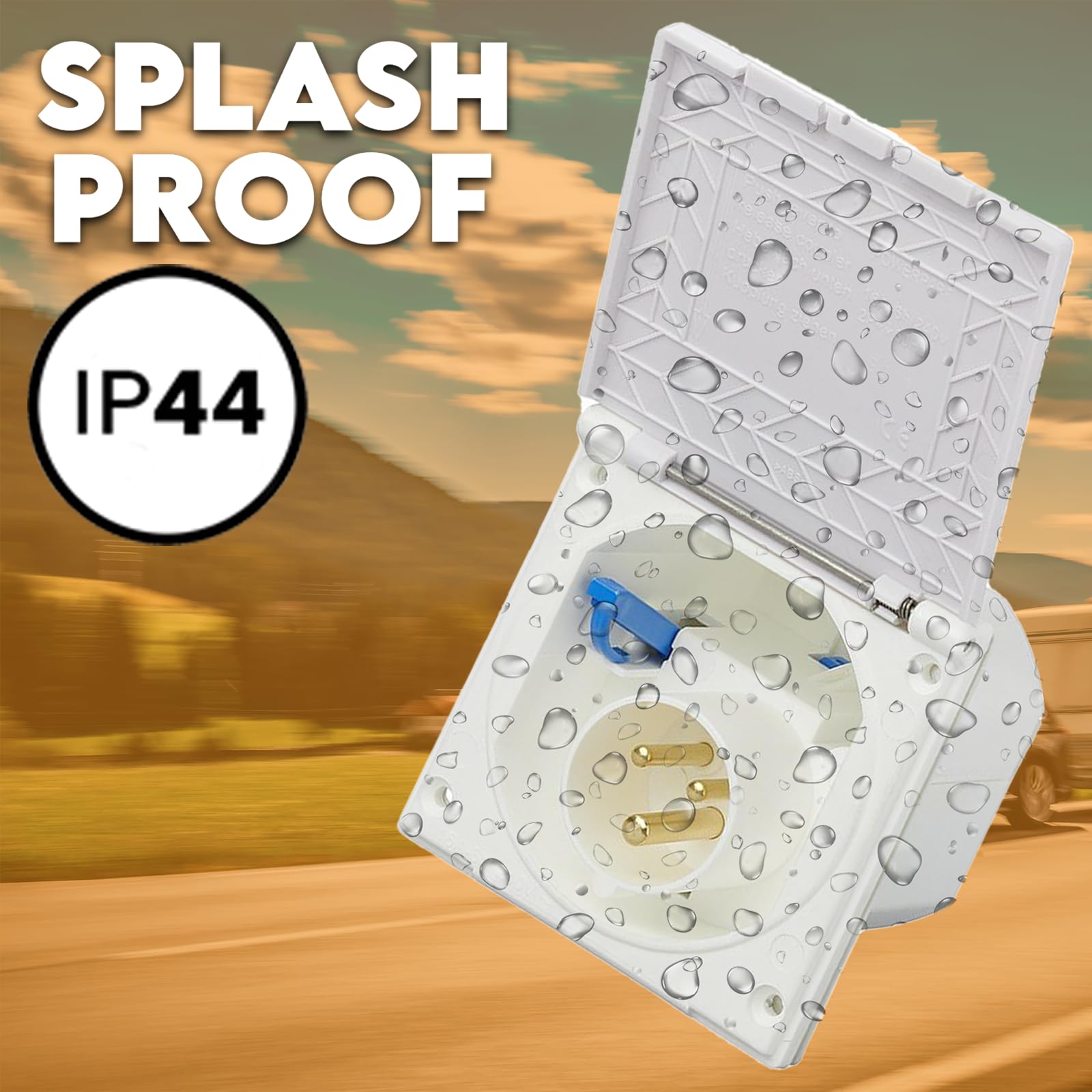 Splash proof electrical outlet with IP44 rating on a scenic background