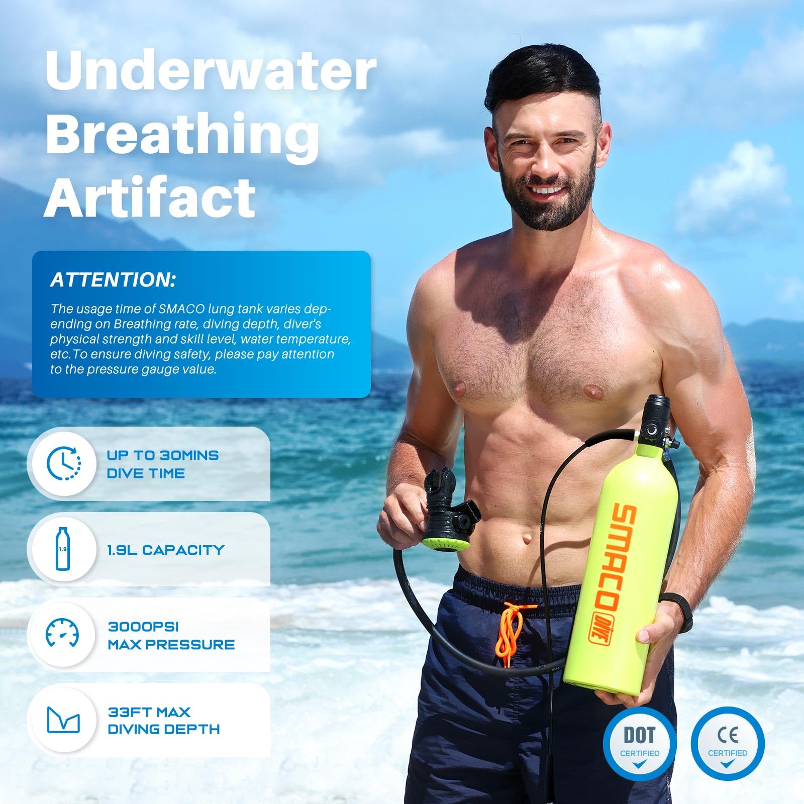 Man holding a yellow SMACO diving tank with ocean background
