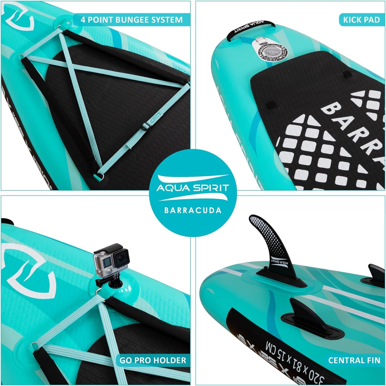 Teal Aqua Spirit Barracuda inflatable paddle board with features highlighted.