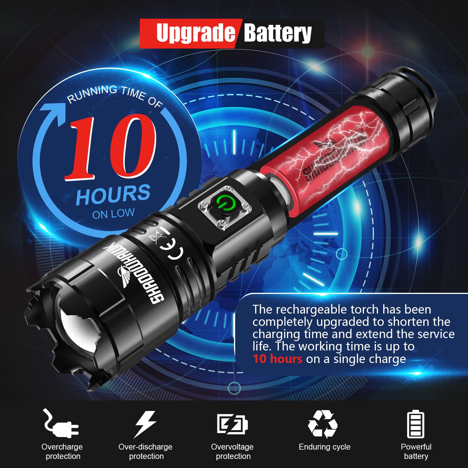Rechargeable torch with upgrade battery feature on a dark background
