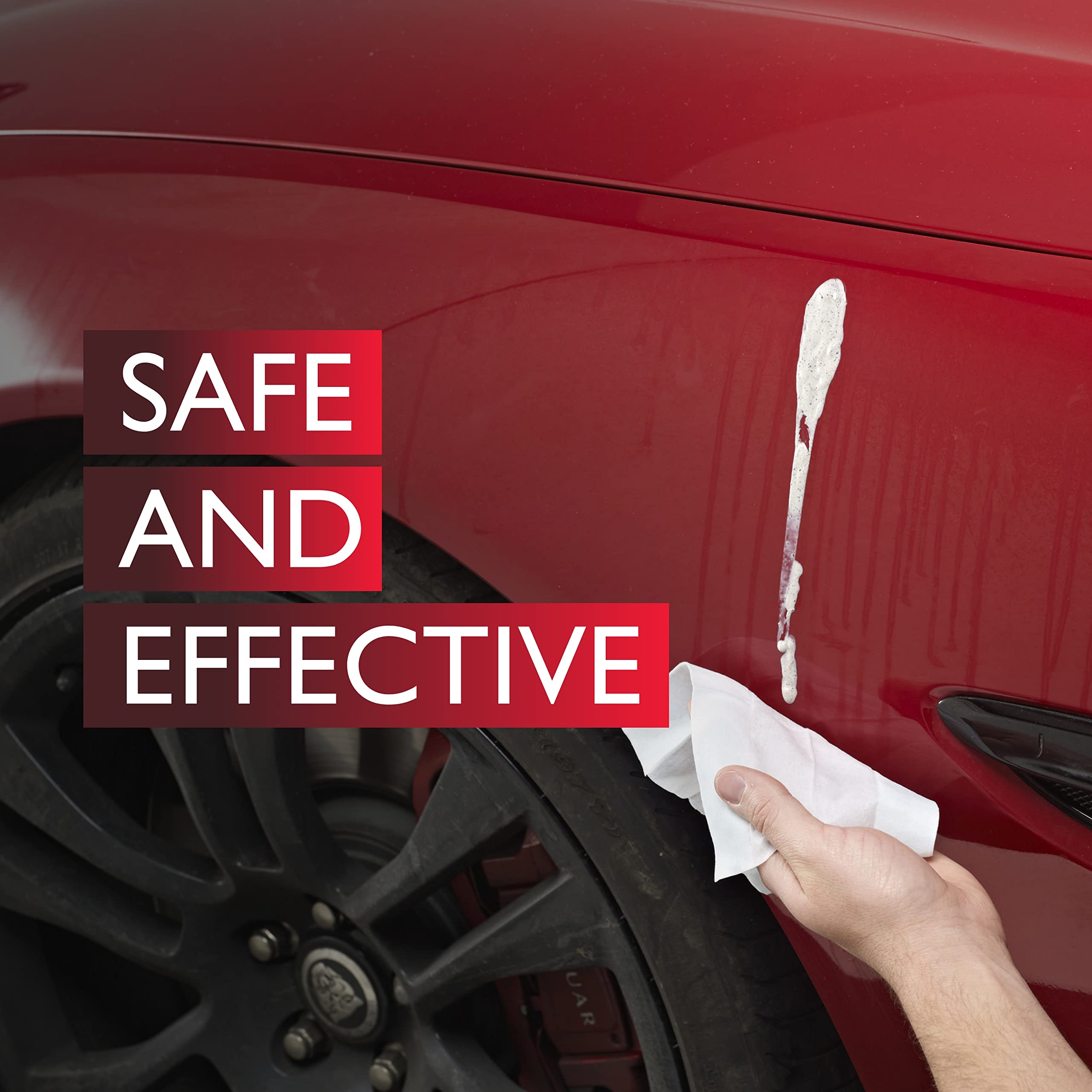 Person cleaning a red car with a white cloth, with text 'Safe and Effective' displayed.