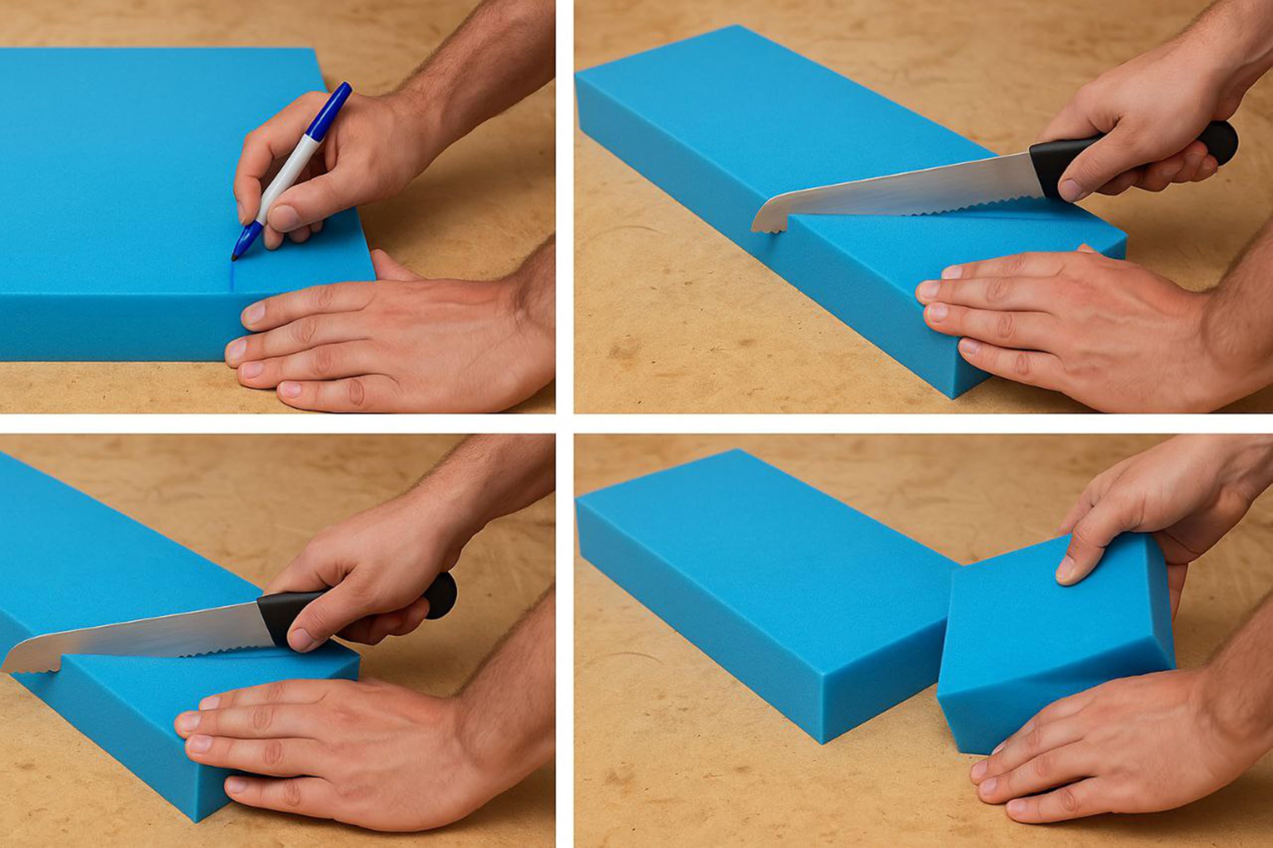 Step-by-step process of cutting blue foam blocks with a knife on a wooden surface.