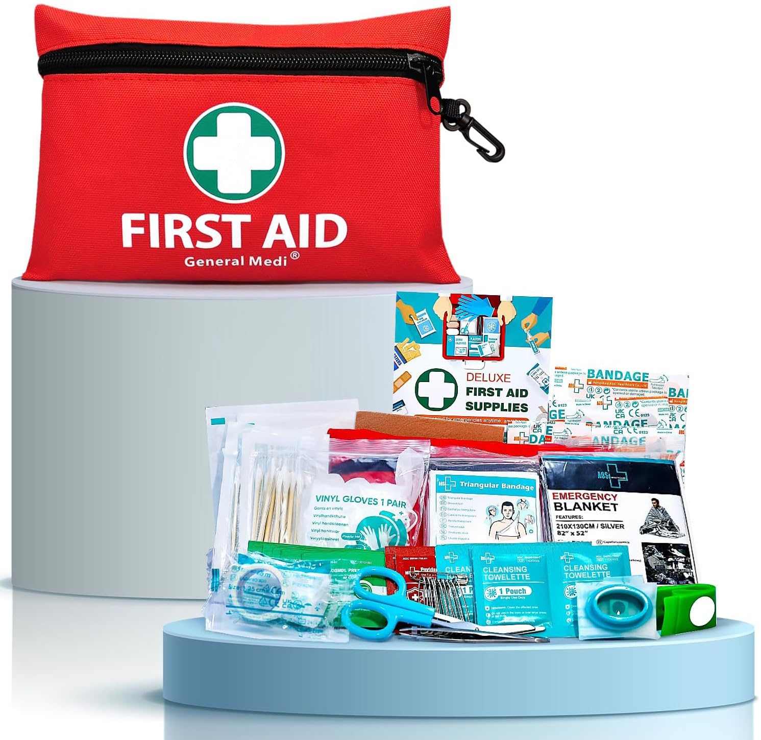 First aid kit with supplies on a white background