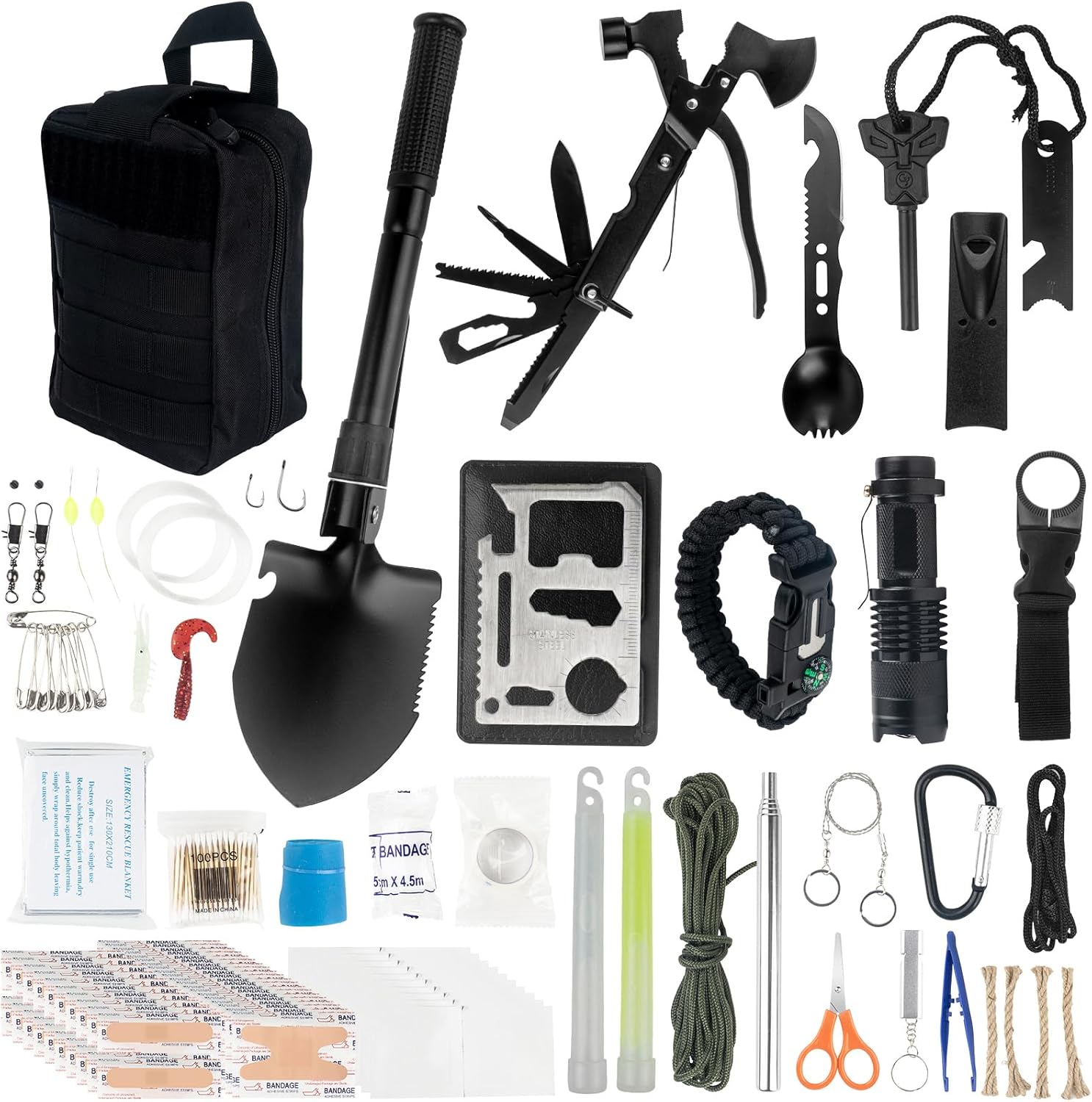 Collection of survival tools including a shovel, multi-tool, and various other items on a white background.