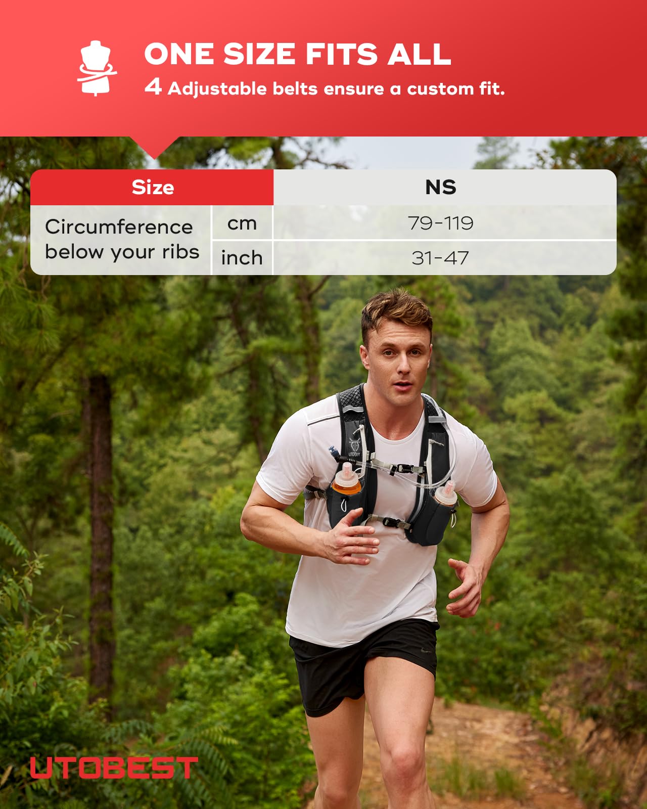 Man running outdoors with a hydration vest, featuring size chart and UTOBEST branding.