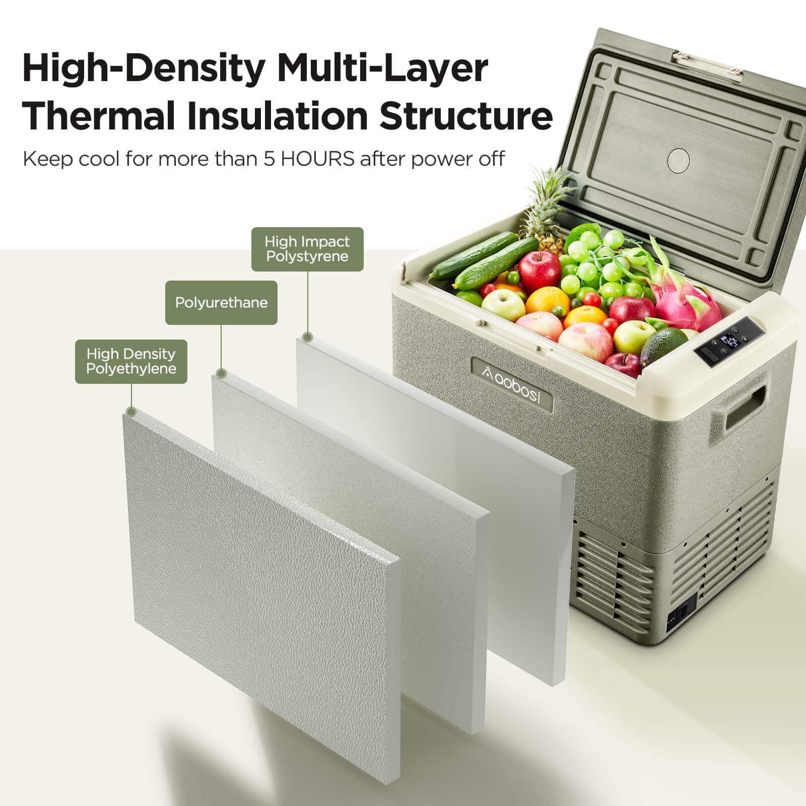 Portable cooler with high-density multi-layer thermal insulation structure, filled with fruits and vegetables.