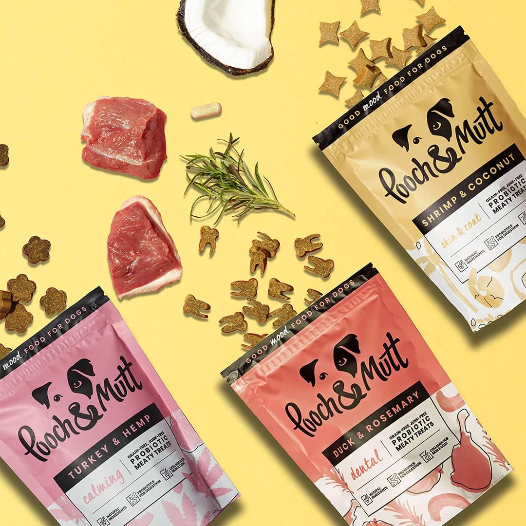 Three packages of 'Looch & Mutt' dog food on a yellow background with raw meat and coconut.