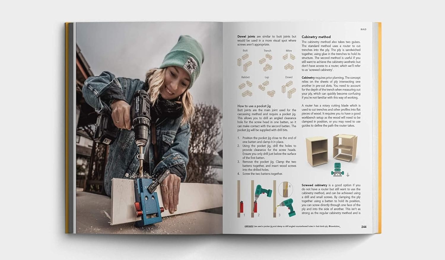 Open book showing a person using a drill and text on woodworking.