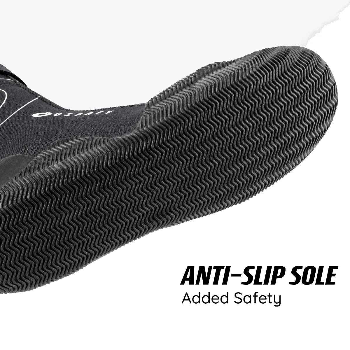 Close-up of a shoe sole with text 'ANTI-SLIP SOLE Added Safety' on a white background