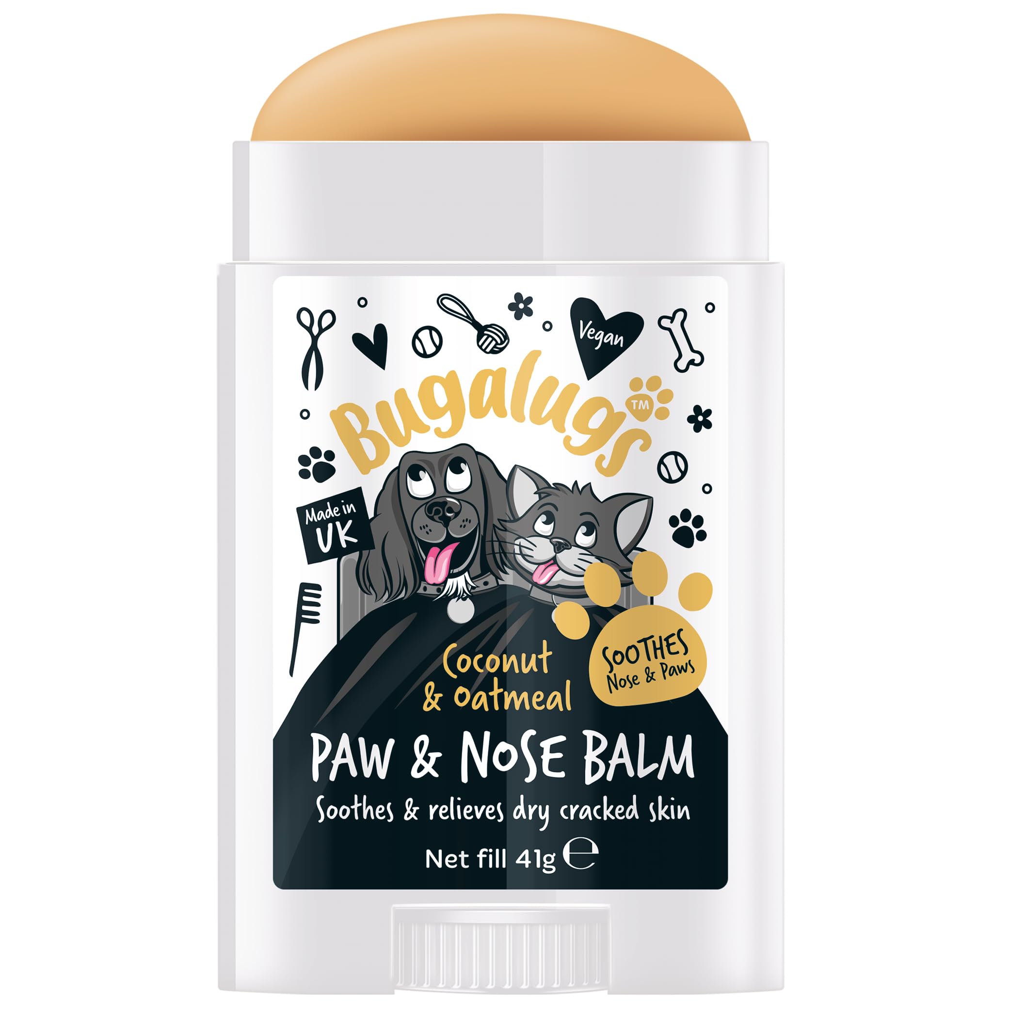 Bugalugs paw and nose balm stick with cartoon dog and cat on a white background