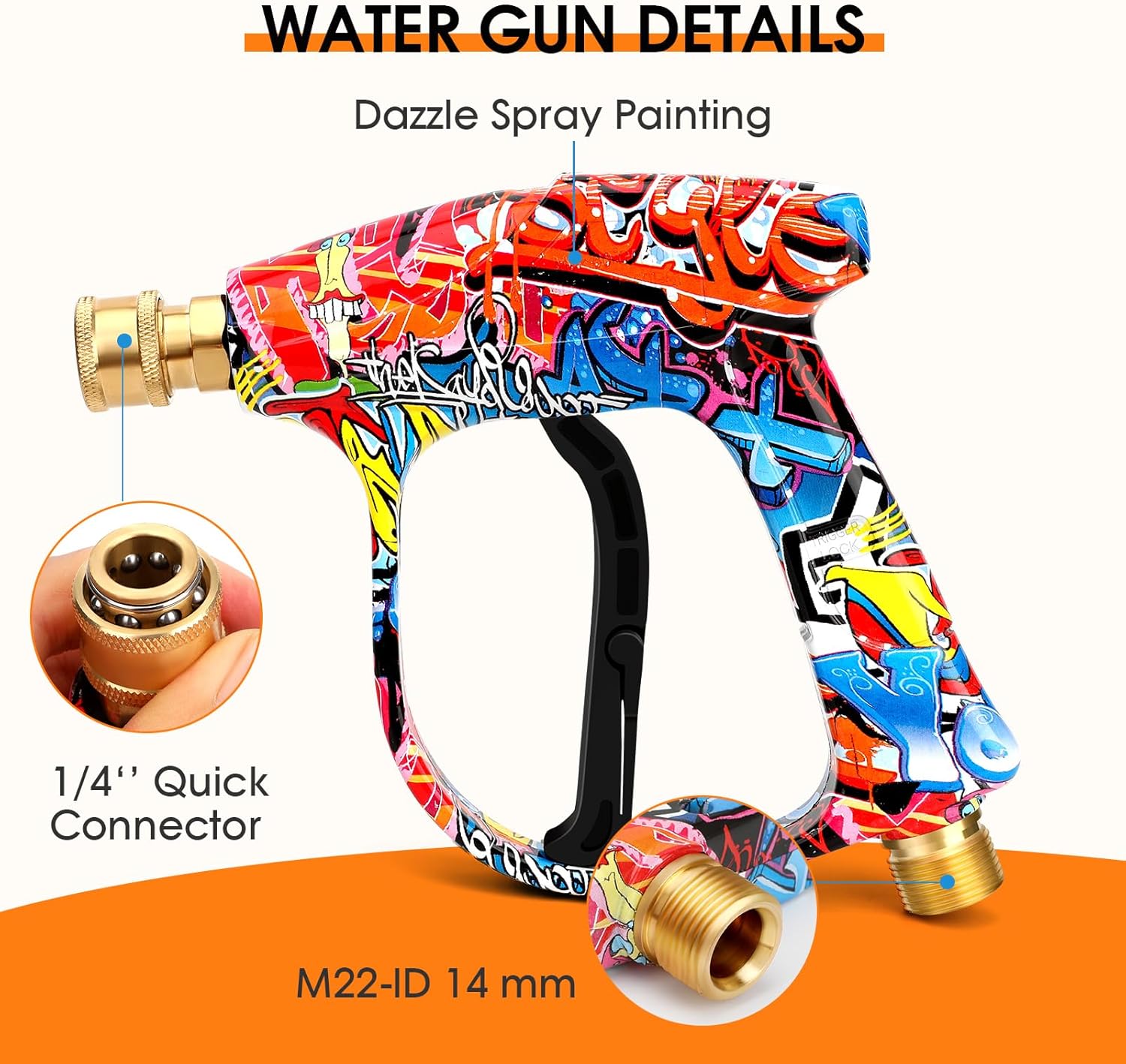 Colorful water gun with graffiti design on an orange background