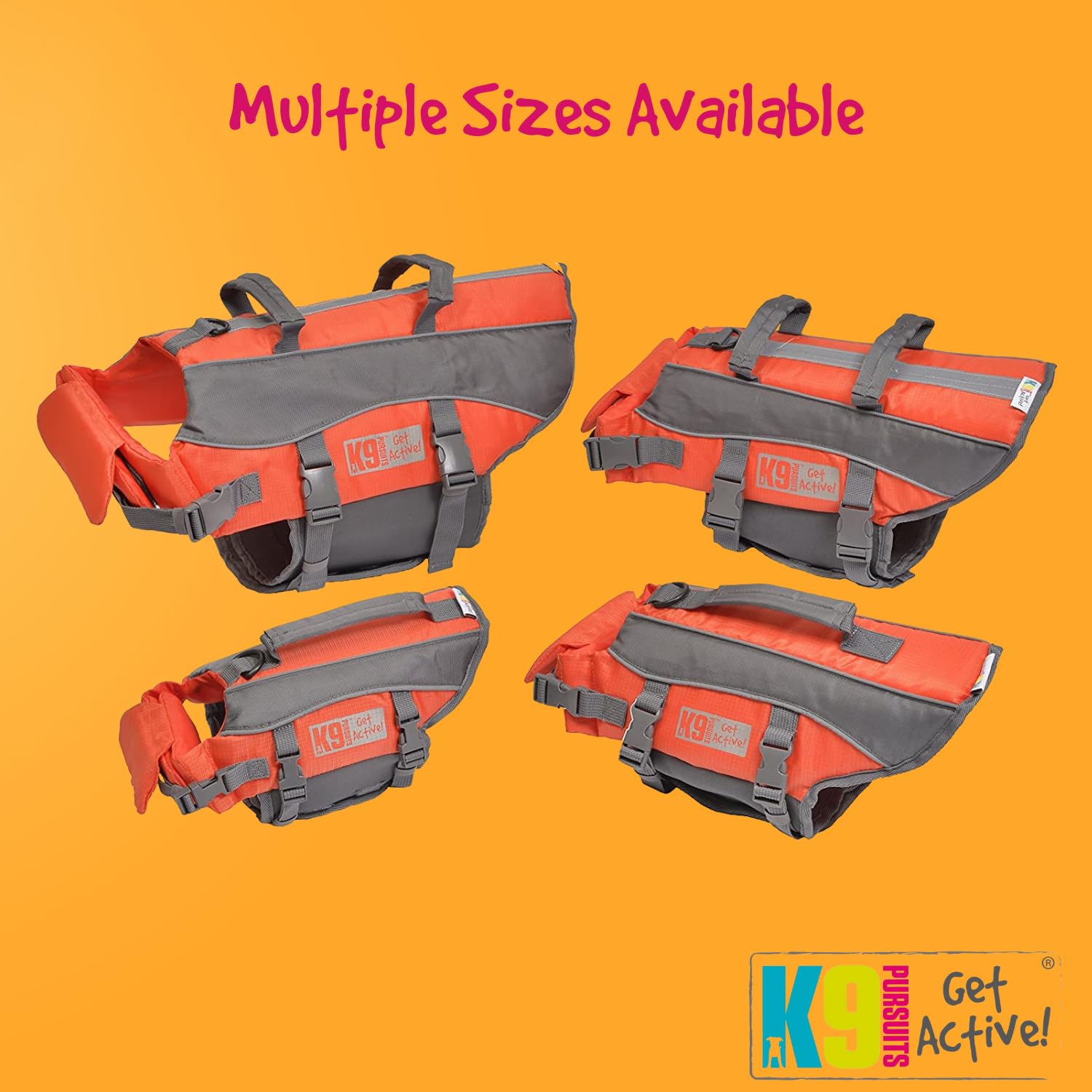 Four orange and gray dog life vests on an orange background with 'K9' branding.